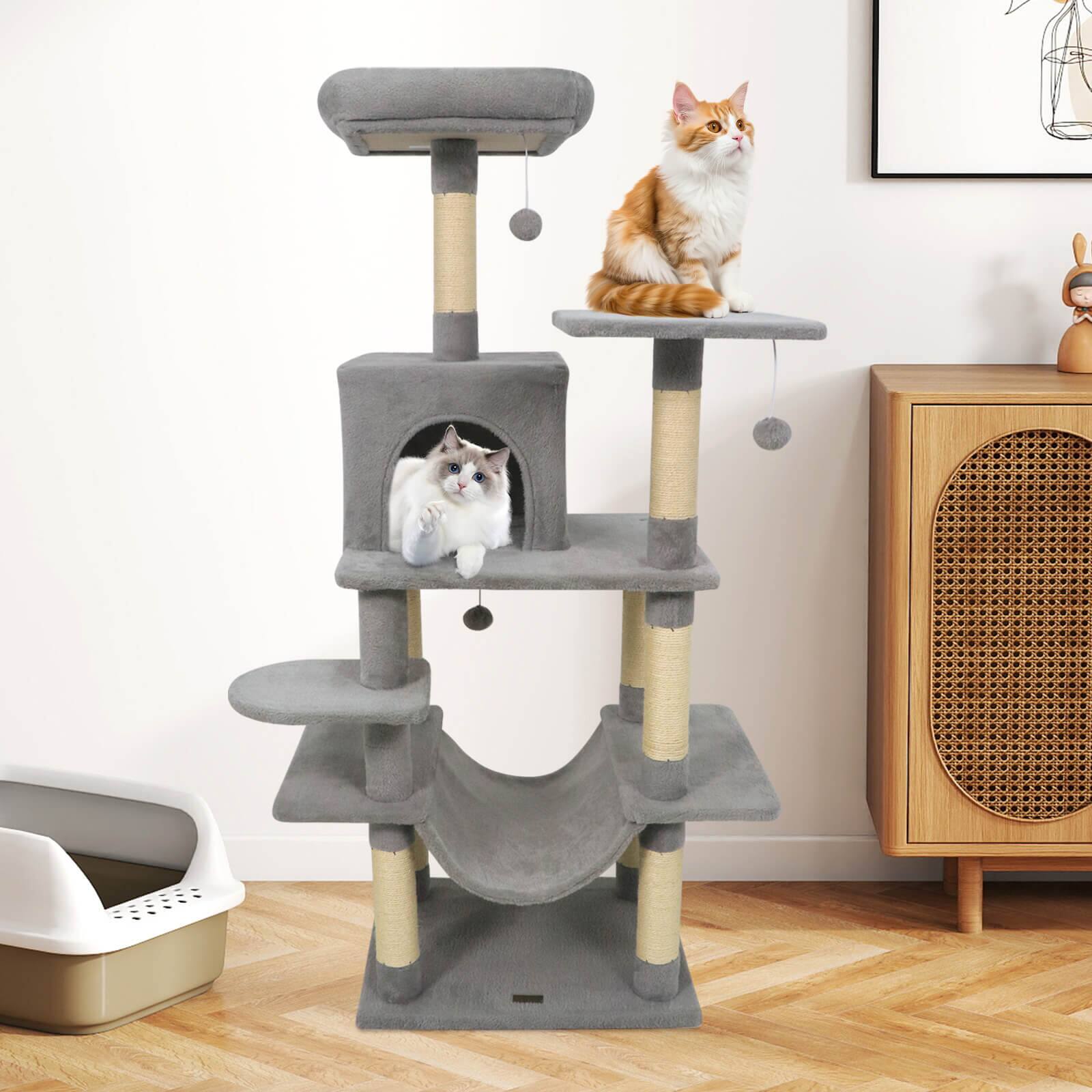 Alt View 4. Costway - Costway 58" Tall Multi-level Cat Tree with Upholstered Perch & Cat Condo, Comfy Hammock.