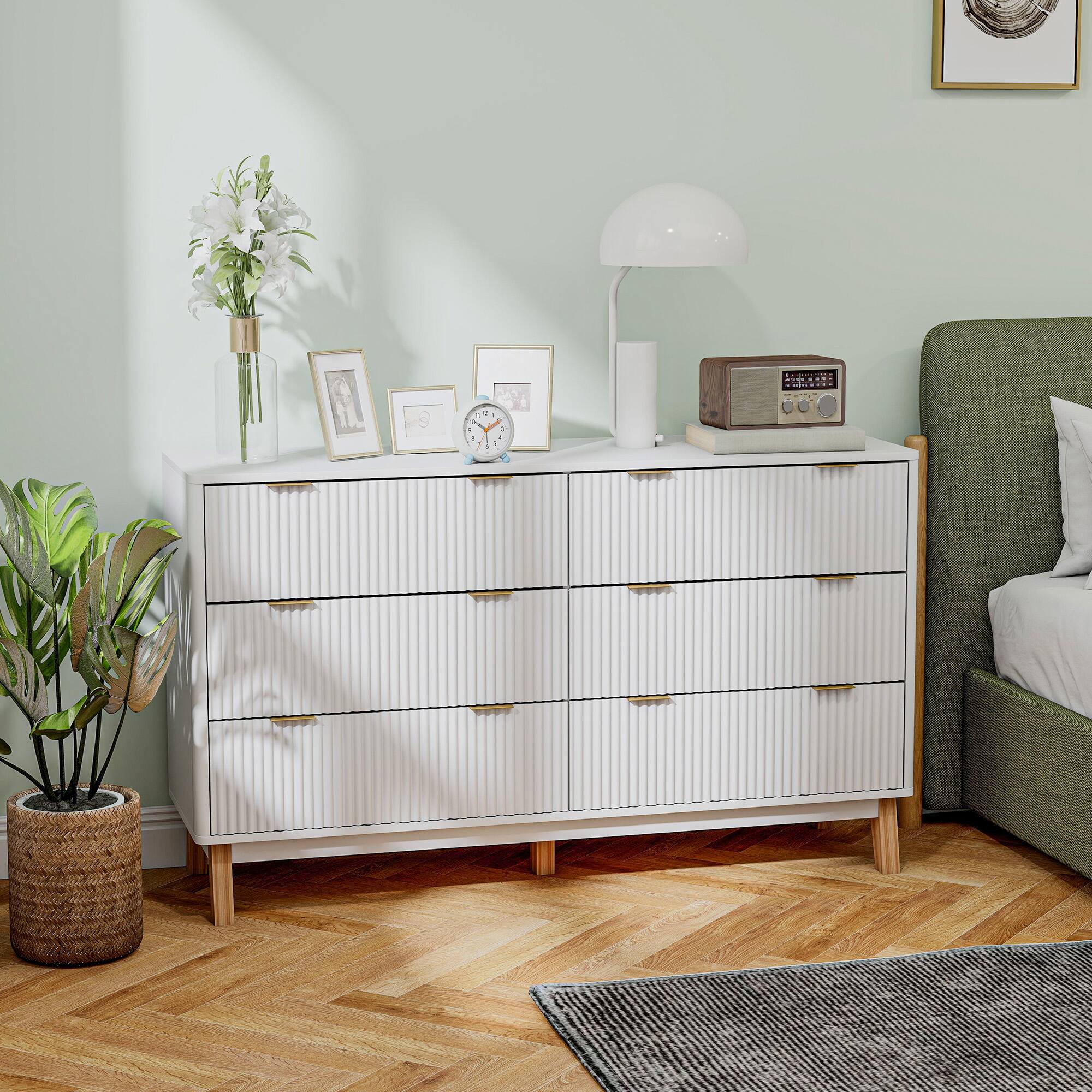 Alt View 1. Homcom - Fluted Dresser for Bedroom with 6 Drawers, 54" Wide Chest of Drawers with Gold Finger Pulls and 5 Wood Legs - White.