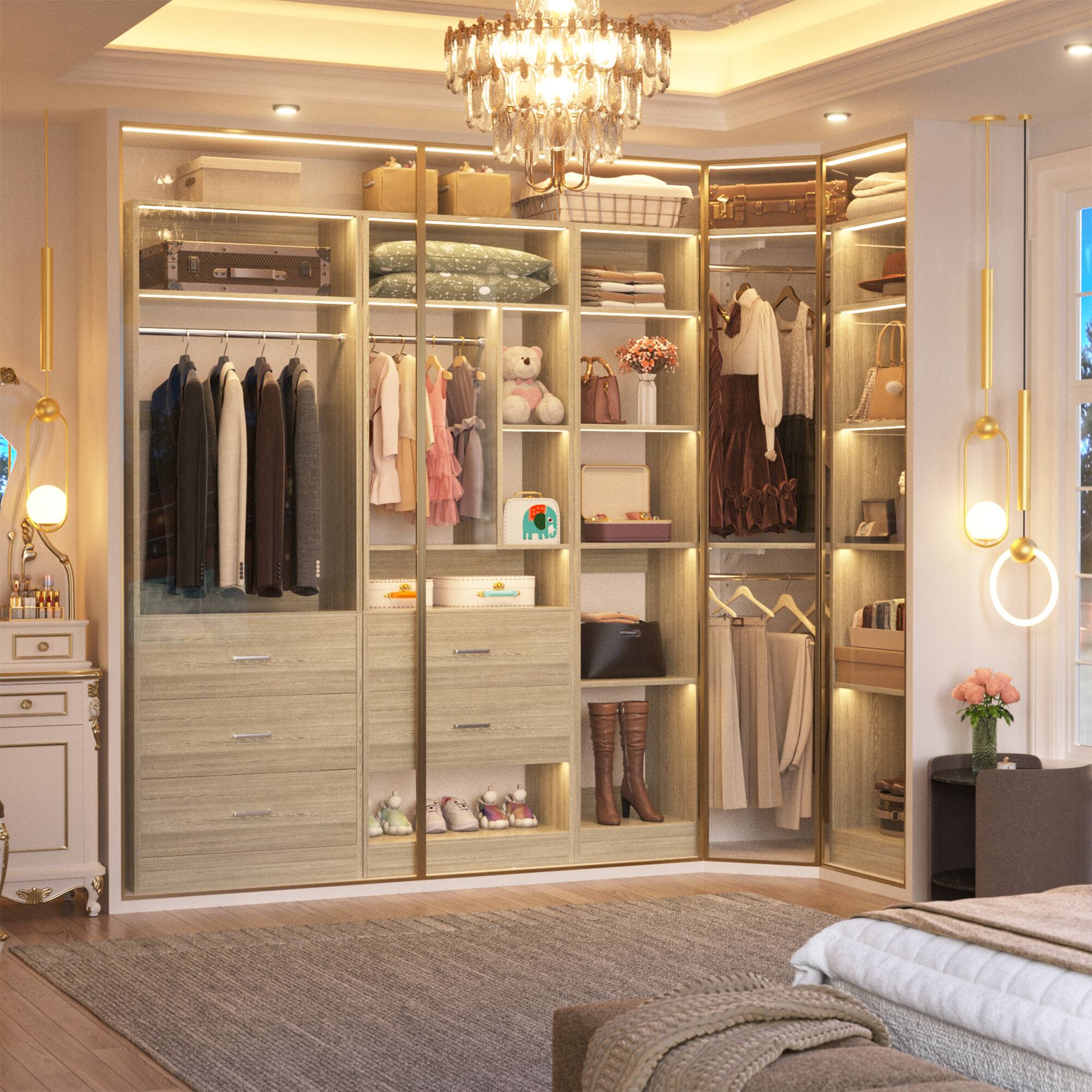 Left. Aheaplus - L-Shaped Closet System: 5-Drawer + 15+ Shelves + 4 Hanging Rods, Fits 63''-87'' Spaces, 2500lb Industrial-Grade Capacity - White Oak.