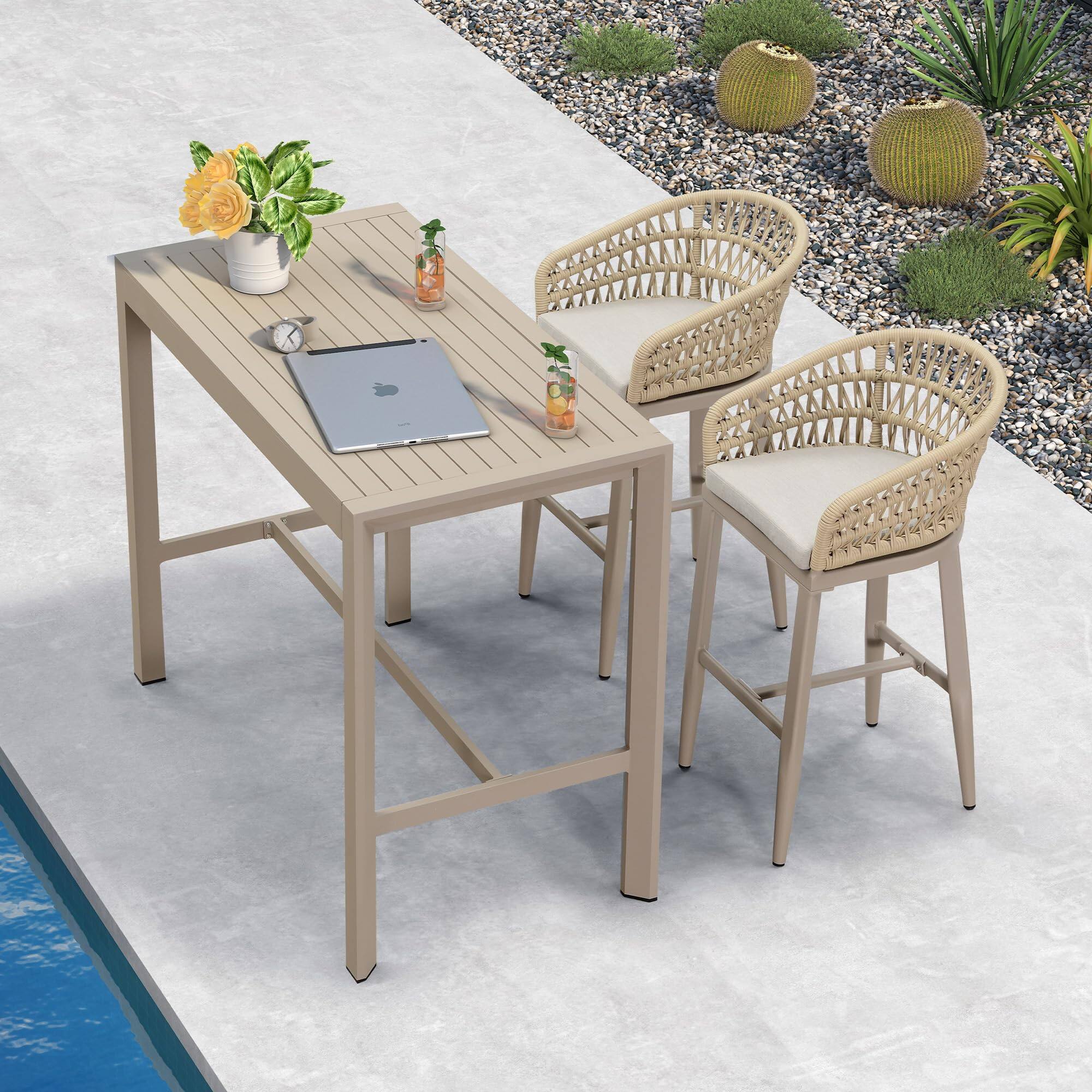 Alt View 2. PURPLE LEAF - Outdoor Counter/Bar Height StoolsRattan Wicker Bar Chairs Woven Aluminum Barstools Set of 2 with Back and Cushions - Champagne-Bar Stool.