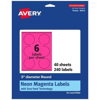 Go to avery.com/templates
AVERY
Use Avery Template Presta* 94513
6 labels per sheet
40 sheets 240 labels
3" diameter Round Neon Magenta Labels with Sure Feed Technology for Laser/Inkjet