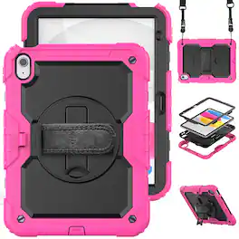 Dteck - For Apple iPad 11"(A16 chip 2025)&iPad 10th 2022 Three-Layer Kickstand Shoulder Strap Case Built-in Screen Protector - Rose