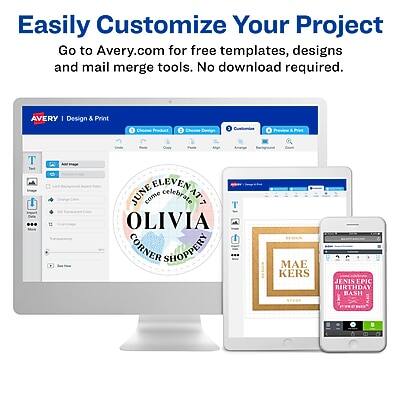 Easily Customize Your Project  
Go to Avery.com for free templates, designs, and mail merge tools. No download required.

AVERY | Design & Print

JUNE ELEVEN  
OLIVIA  
CORNER SHOPPERY  
June celebrate at 7

MAE KERS  
JENISSEPIC  
BIRTHDAY BASH