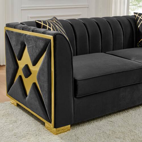 Left. Anysun - 81" 3-Seat Velvet Chesterfield Sofa with 2 Pillows - Button Tufted, Gold Stainless Steel Accents for Living Room. - Black.