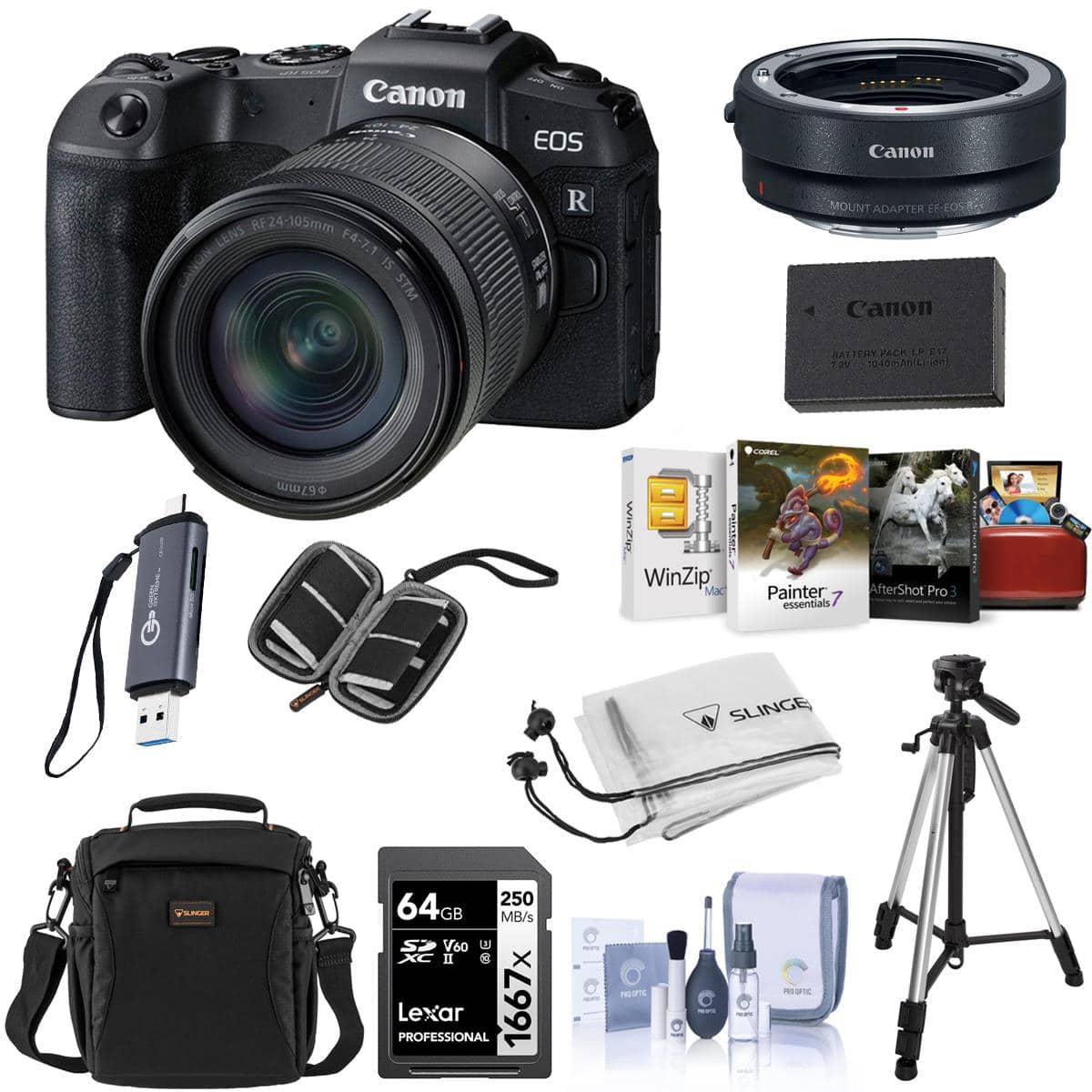 Bundle | | Canon | EOS RP Mirrorless Camera with RF 24-105mm f/4-7.1 IS STM Lens, Black with 64GB Memory Card, Tripod, Card | Best Buy