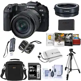 Bundle - Canon - EOS RP Mirrorless Camera with RF 24-105mm f/4-7.1 IS STM Lens, Black with 64GB Memory Card, Tripod, Card