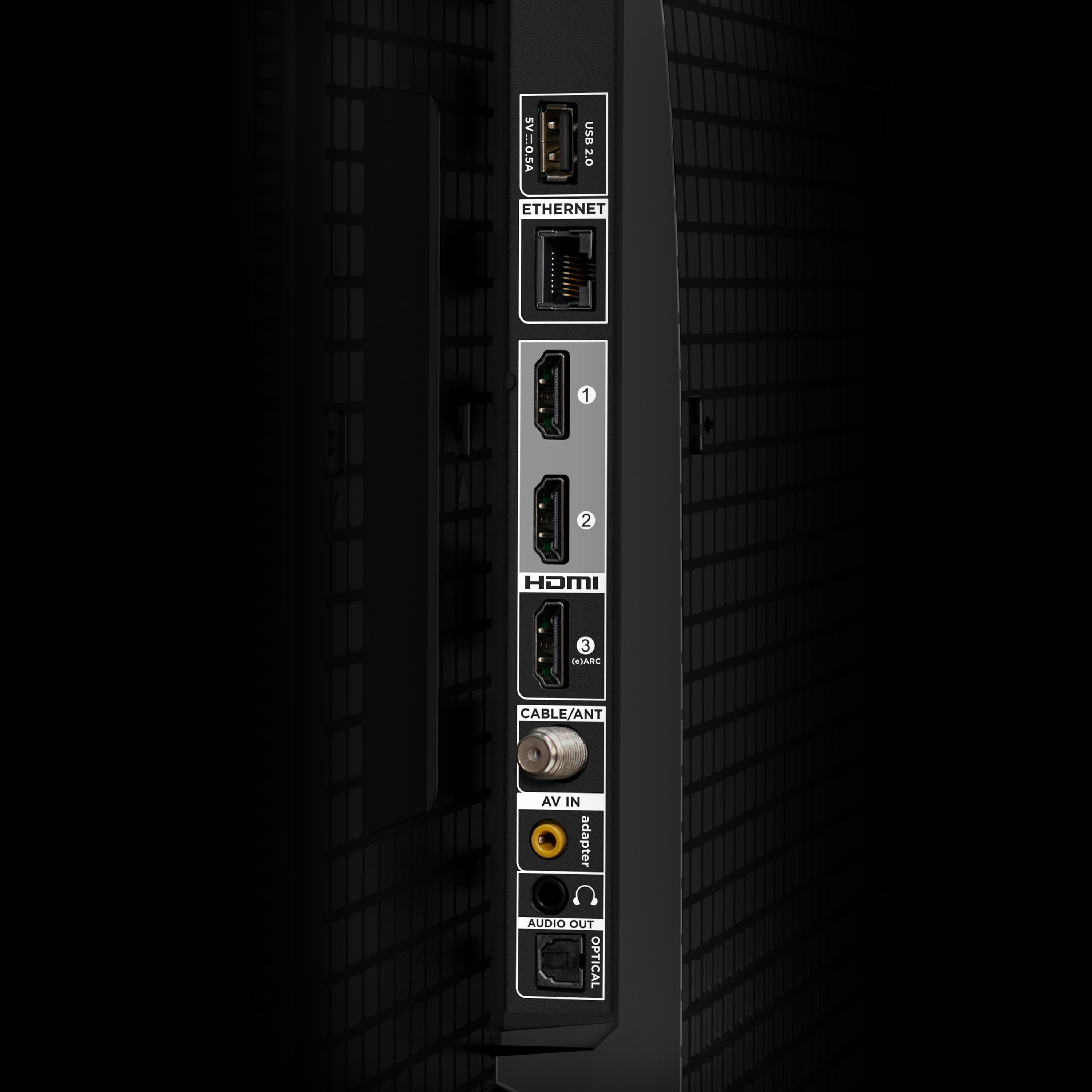 The image features a black electronic device with several ports on the back. The ports include a USB 2.0 port, an Ethernet port, and two HDMI ports. Additionally, there are two audio ports and an optical port. The device is likely used for connecting various devices and providing a range of multimedia capabilities.