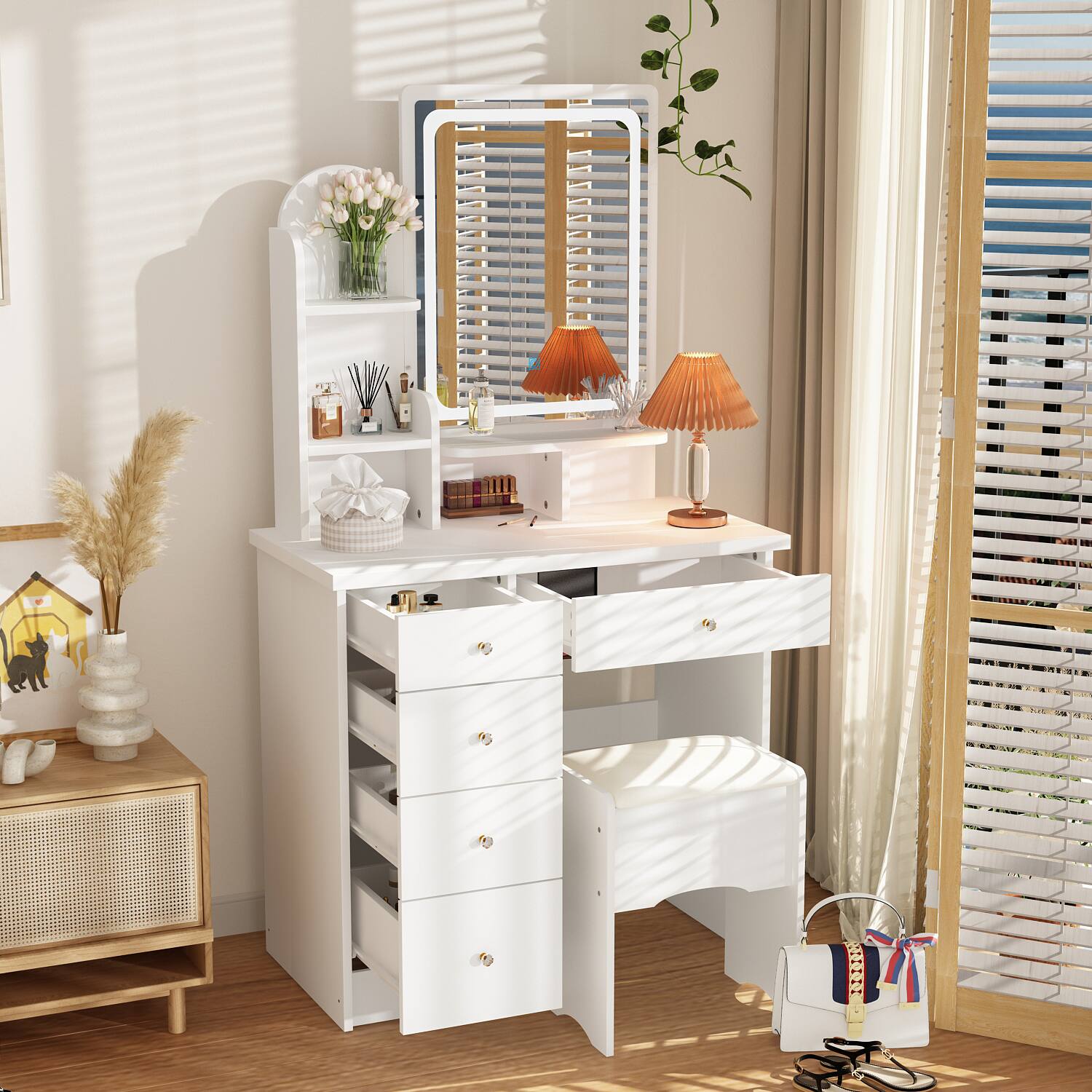 Alt View 2. Famapy - Vanity Table with LED Mirror, Storage Drawers & Stool – Makeup Vanity Organizer for Bedroom, Space-Saving Design - White.