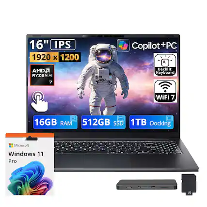 16" IPS 1920 x 1200 Copilot+PC
AMD Ryzen 7
Backlit Keyboard
WiFi 7
16GB RAM
512GB SSD
1TB Docking
Microsoft Windows 11 Pro