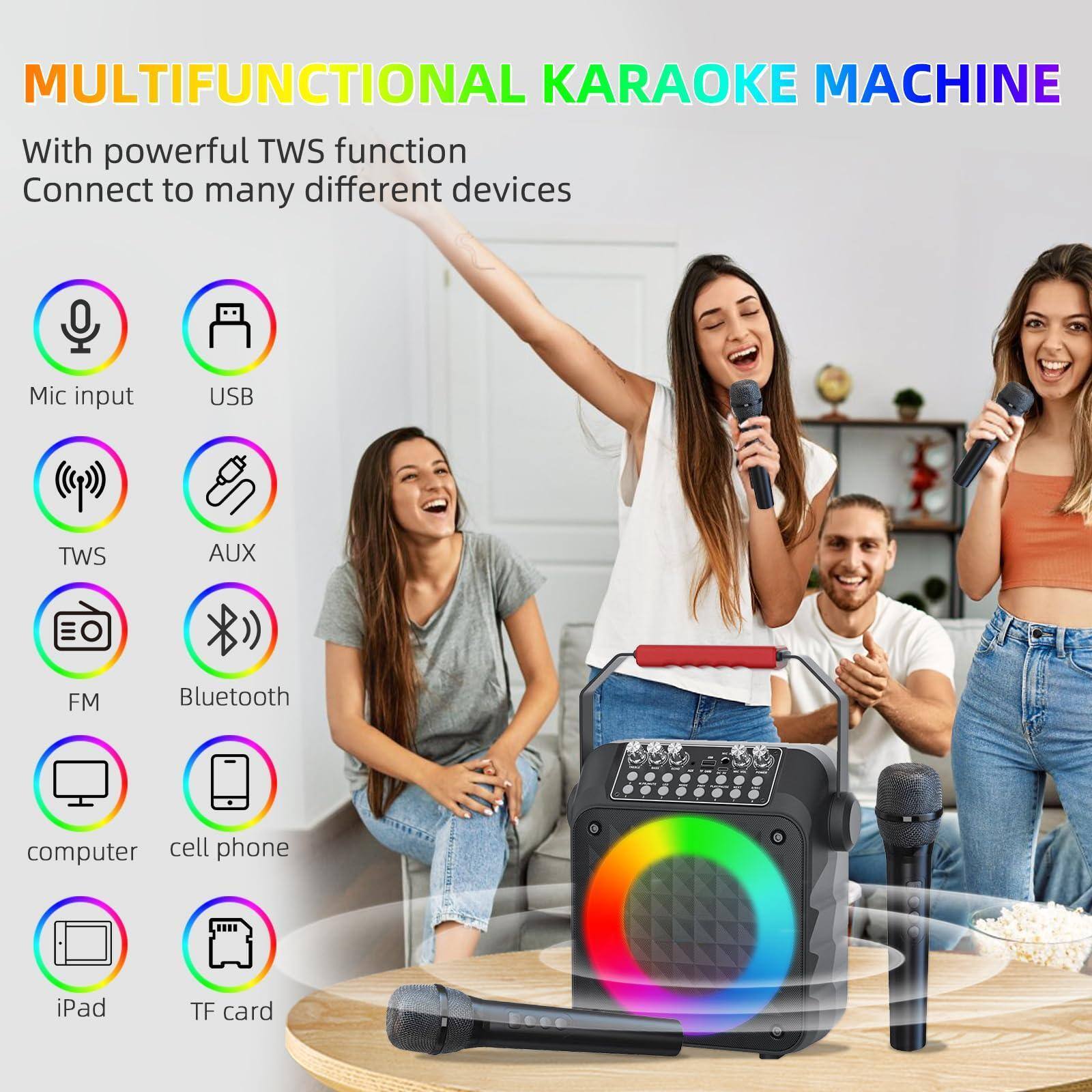 MULTIFUNCTIONAL KARAOKE MACHINE

With powerful TWS function  
Connect to many different devices

- Mic input
- USB
- TWS
- AUX
- FM
- Bluetooth
- computer
- cell phone
- iPad
- TF card