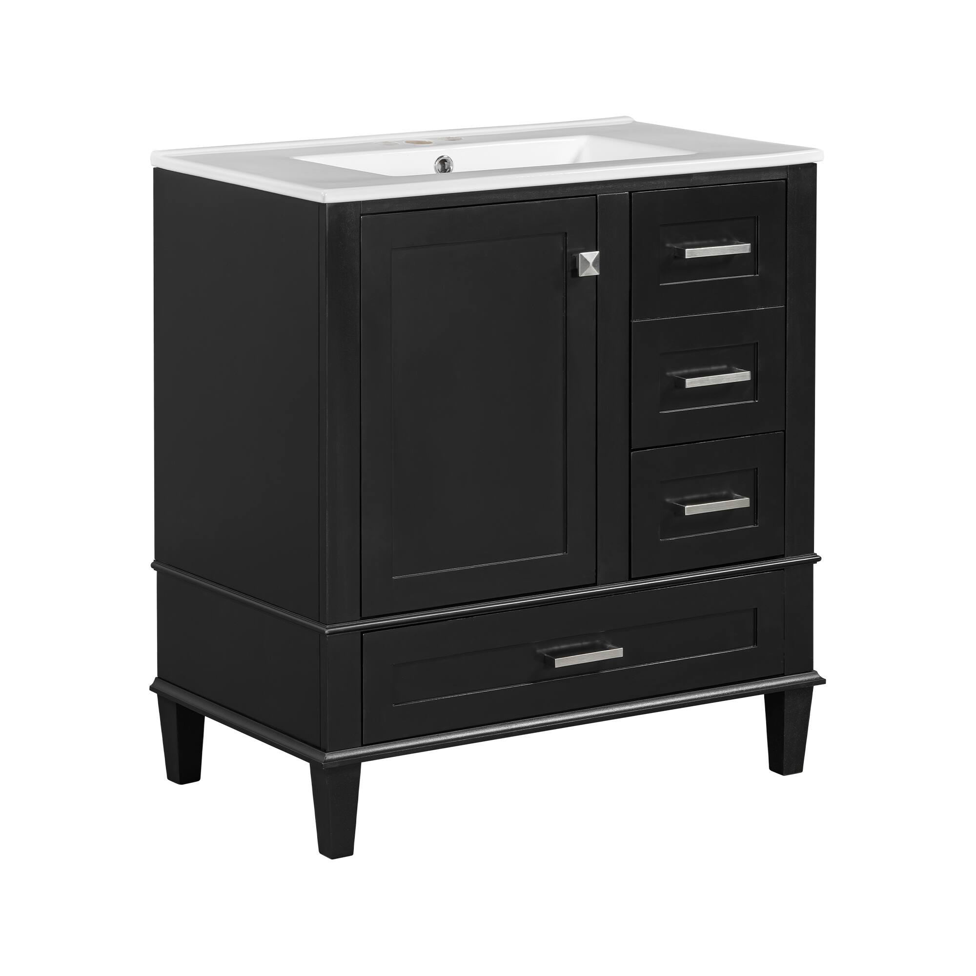 Front. Glintex - 30" Bathroom Vanity with Sink, Modern Cabinet Set, 3 Drawers, Soft-Close Door, Solid Wood Frame - Black.