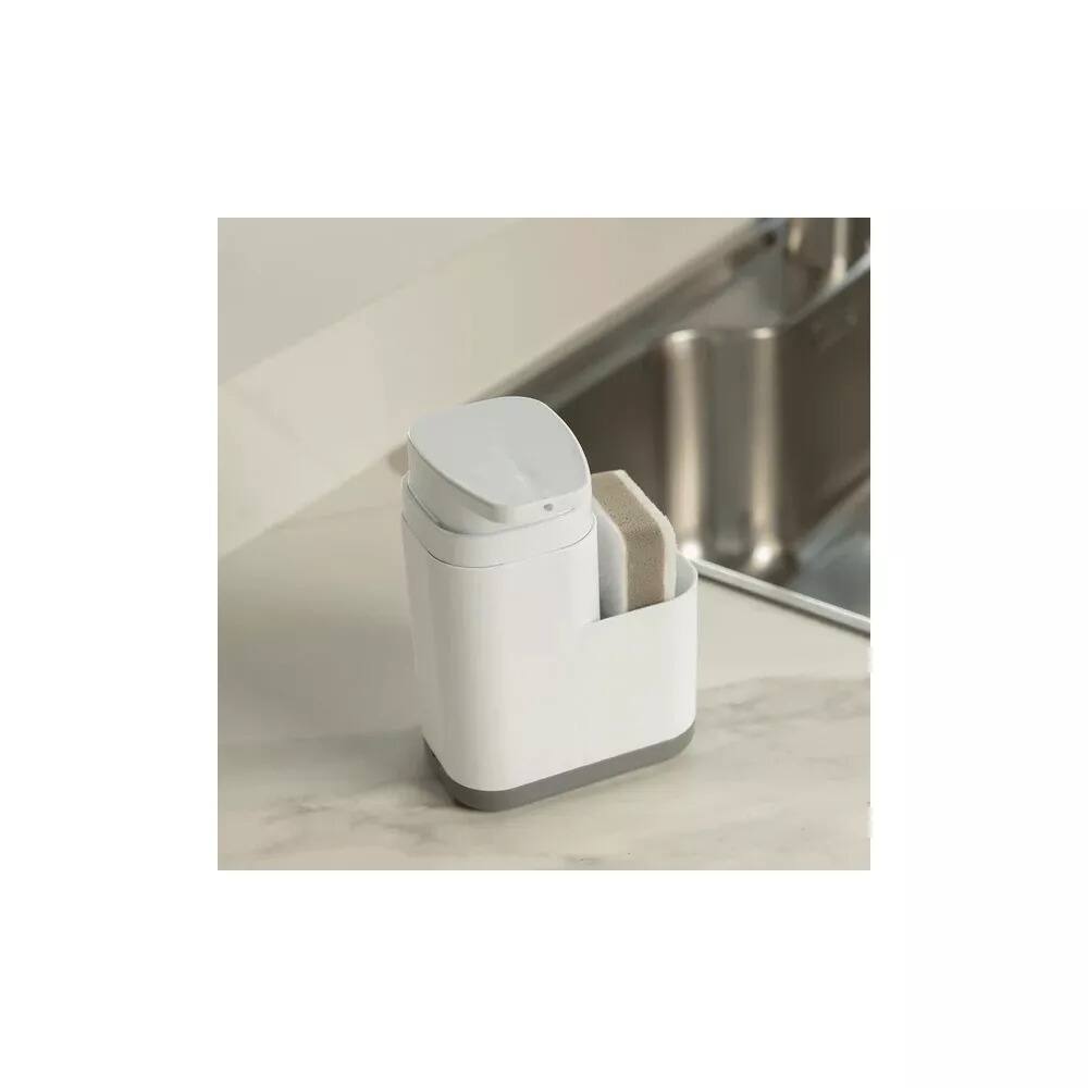 Left. OU - 19 oz Refillable Plastic Soap Dispenser with Sponge Holder & Removable Drip Tray for Kitchen Sink - White.