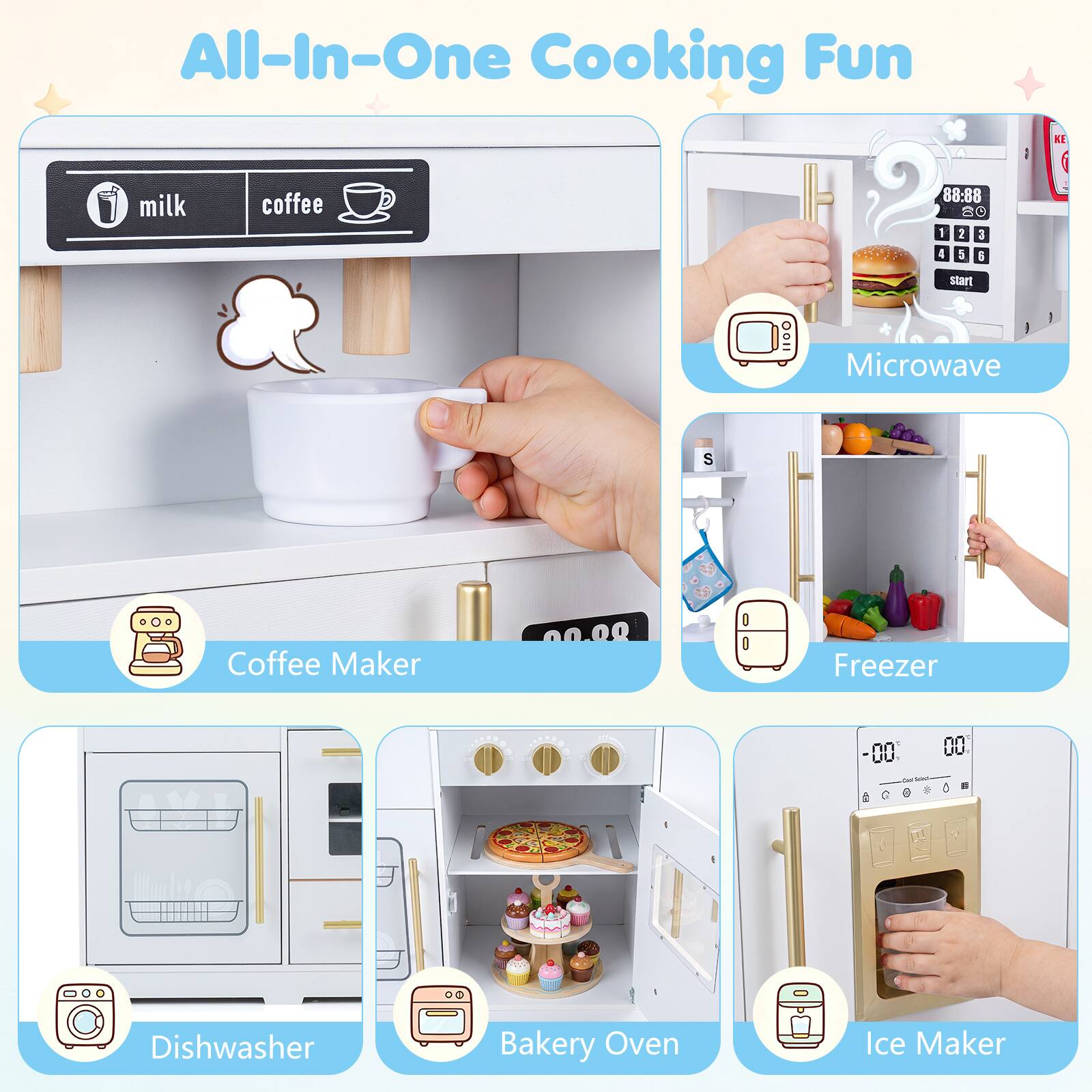 All-In-One Cooking Fun

milk
coffee

88:88 f 1 2 3 4 5 6
start

Microwave

00.08

Freezer

00.00

Coffee Maker

Dishwasher

Bakery Oven

Ice Maker