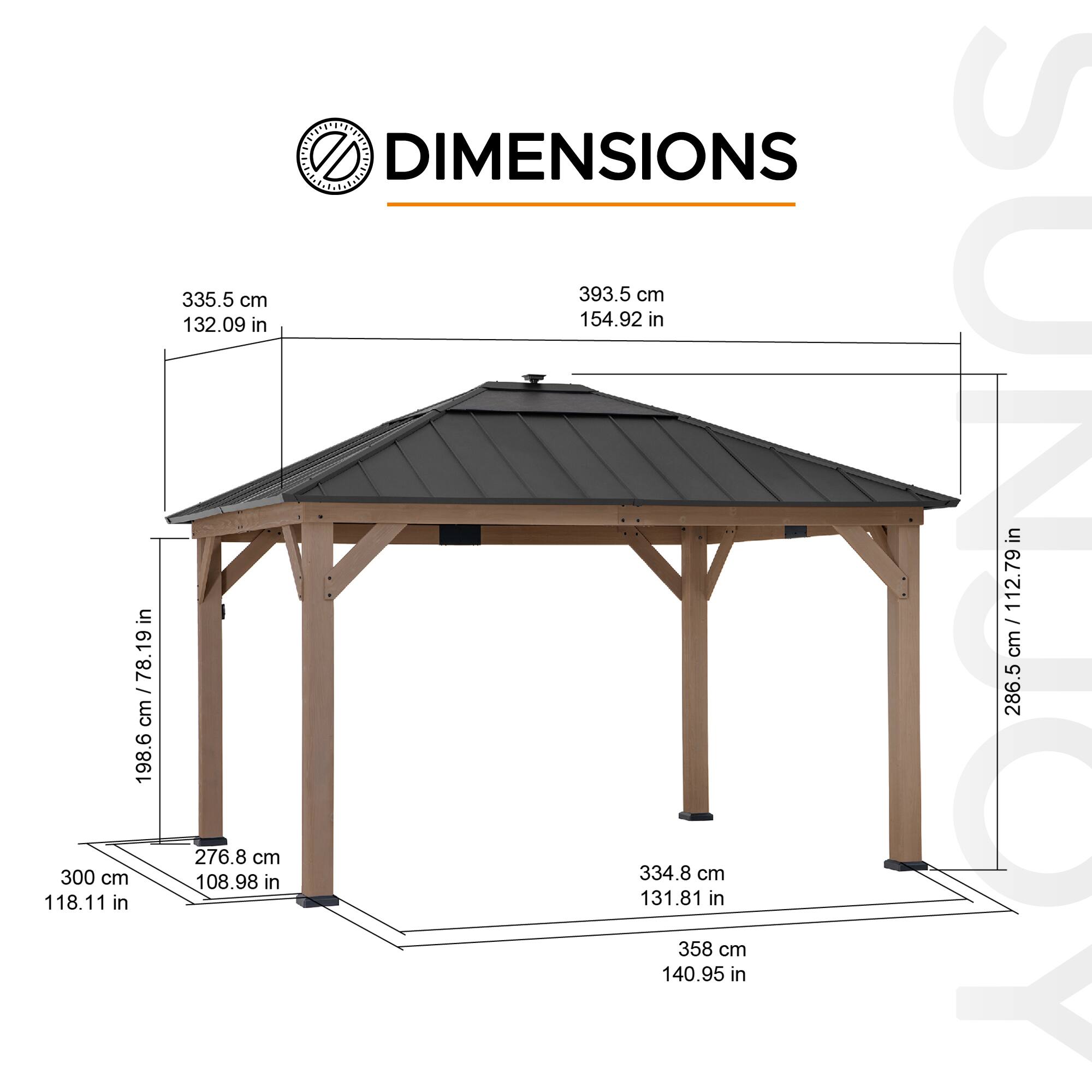DIMENSIONS

- 335.5 cm / 132.09 in
- 393.5 cm / 154.92 in
- 300 cm / 118.11 in
- 276.8 cm / 108.98 in
- 334.8 cm / 131.81 in
- 358 cm / 140.95 in
- 198.6 cm / 78.19 in
- 286.5 cm / 112.79 in