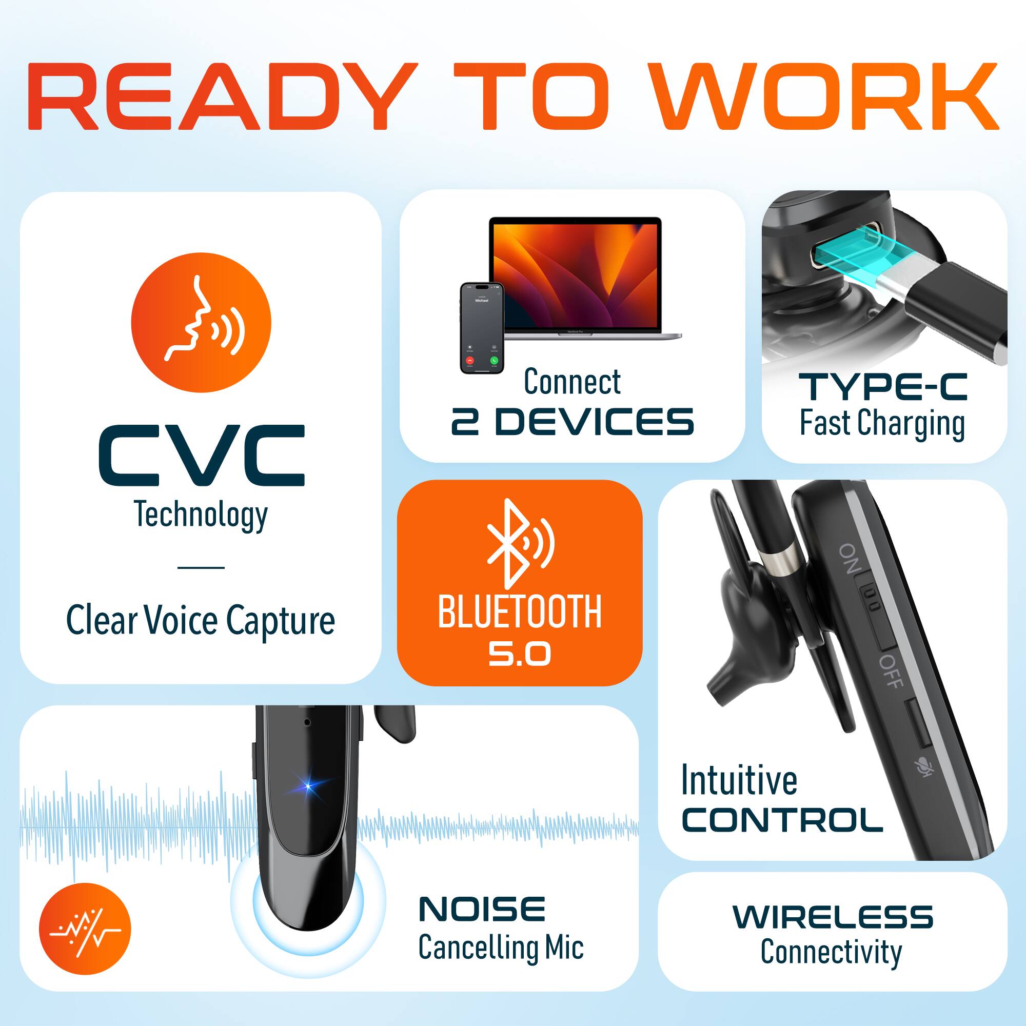 READY TO WORK
CVC Technology Clear Voice Capture
Connect 2 Devices
TYPE-C Fast Charging
BLUETOOTH 5.0
Intuitive CONTROL
NOISE Cancelling Mic
WIRELESS Connectivity