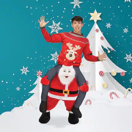 Front. Fun World - Carry Me Santa Adult 3D Character Pants Christmas Costume - Standard - Red.