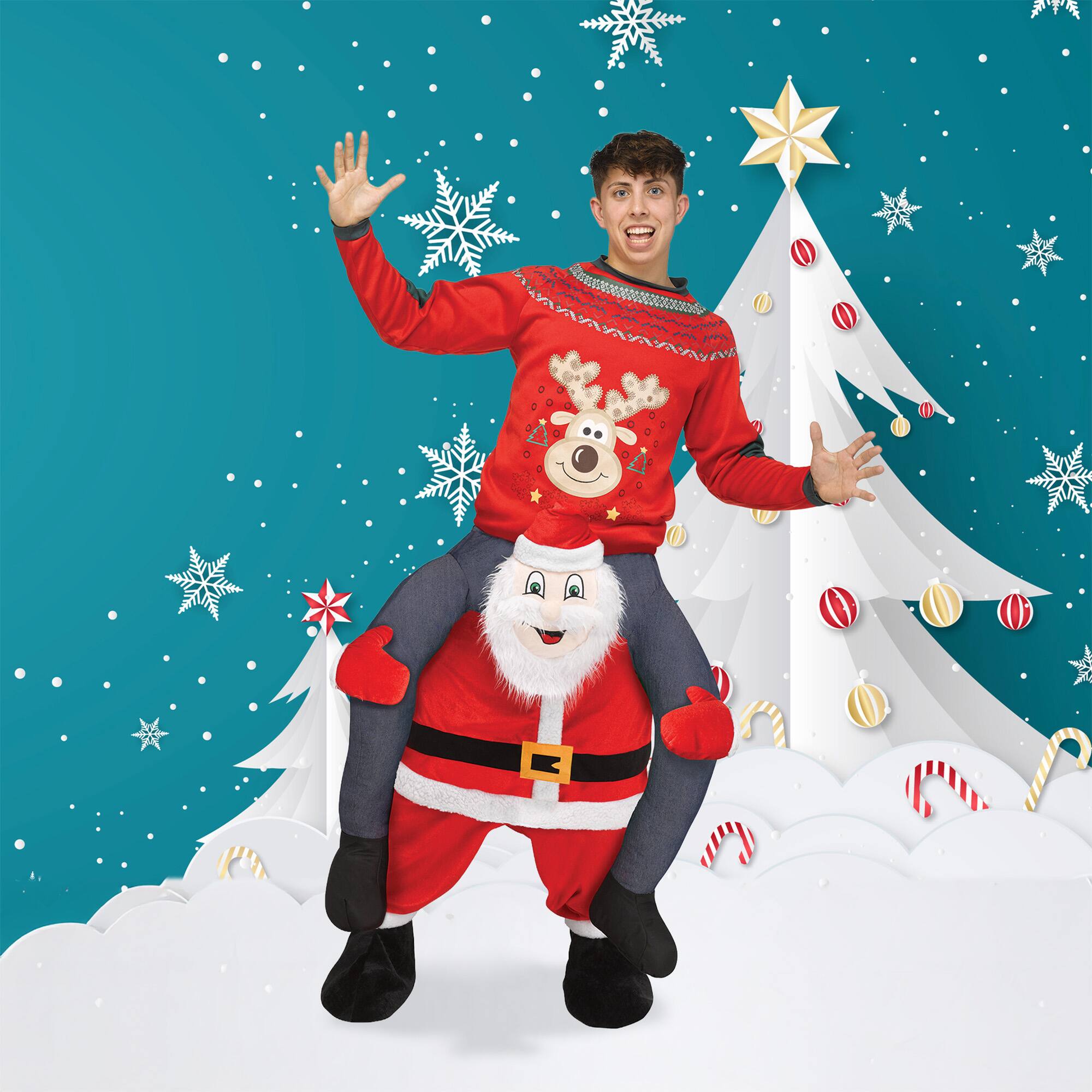 Front. Fun World - Carry Me Santa Adult 3D Character Pants Christmas Costume - Standard - Red.