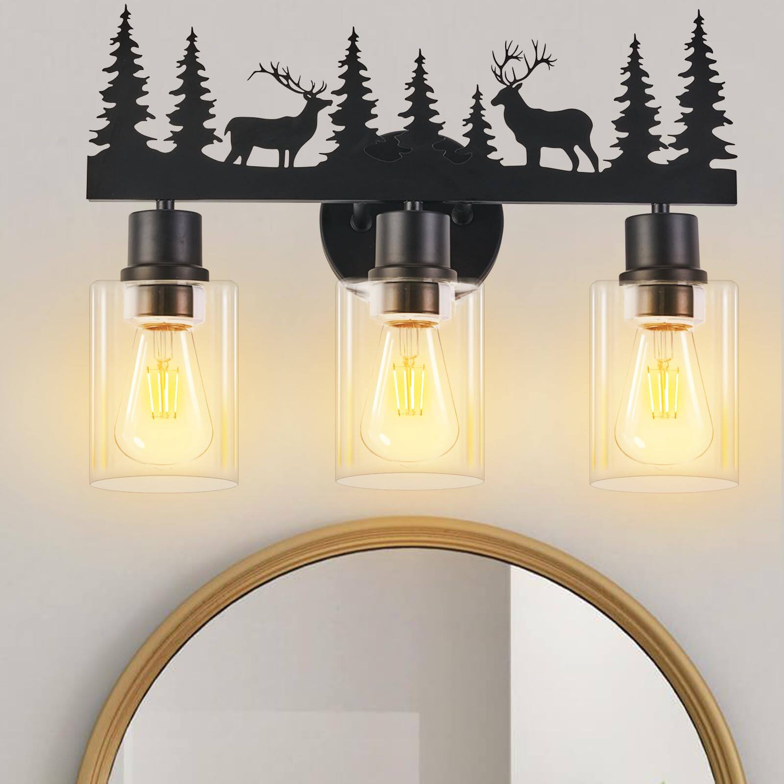 Front. Comfort Essence - Farmhouse Rustic Deer Bathroom Light Fixtures Vanity Lights With Clear Glass Shade Wall Lamp For Living Roo - Deer-class 3 Light.