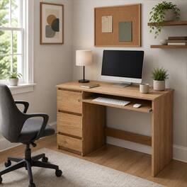 WELLFOR - 42 in Computer Desk with 3 Drawers & USB Power Outlets, Wood Home Office Desk - Natural