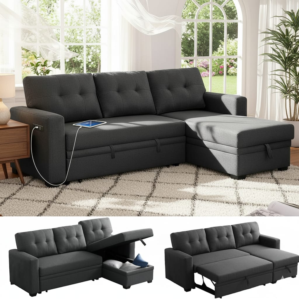 Tiramisubest - Convertible Sofa Bed Couches for Living Room, Sleeper Sofa with Pull Out Couch Bed (Dark Grey) - Dark Gray
