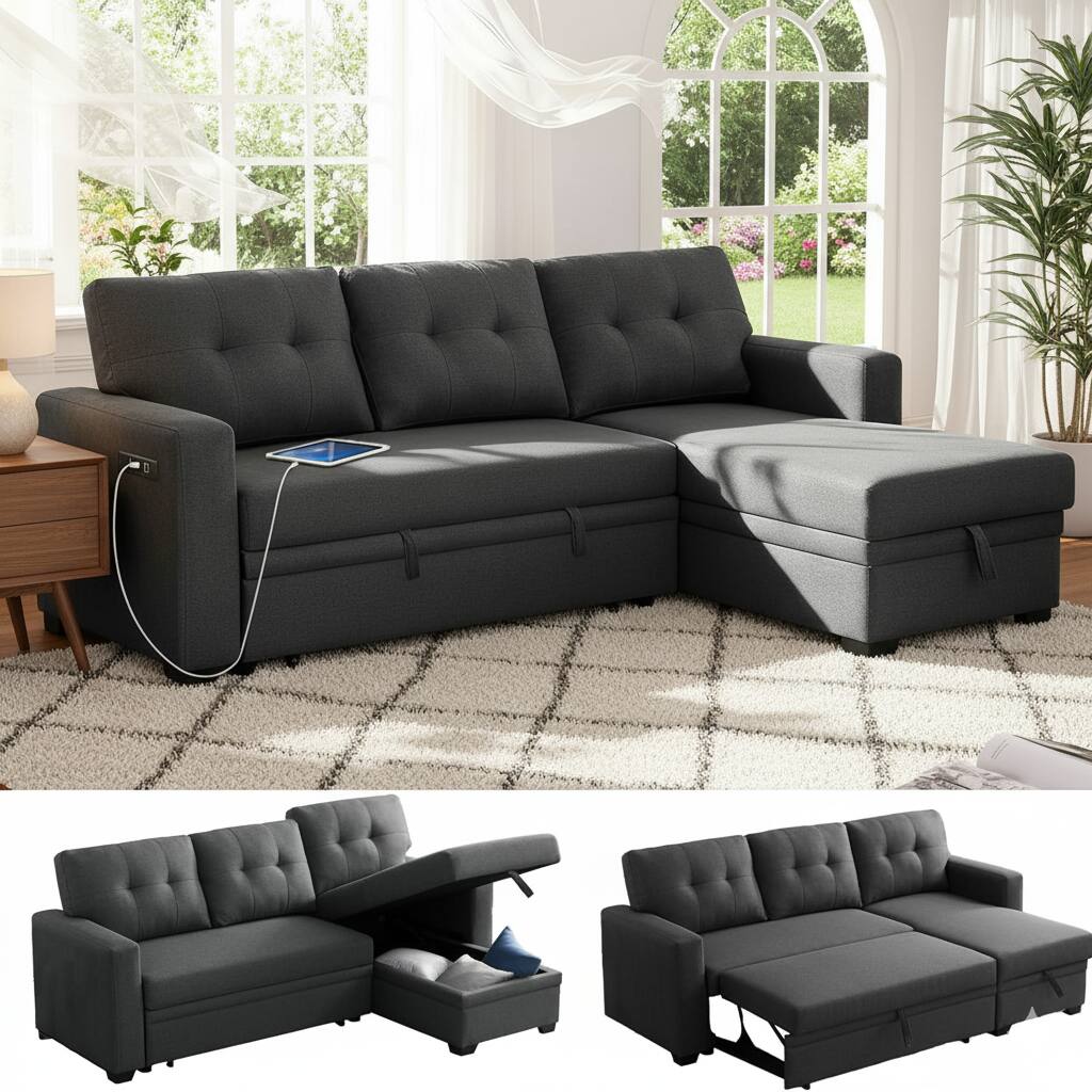 Front. Tiramisubest - TiramisuBest Convertible Sofa Bed Couches for Living Room, Sleeper Sofa with Pull Out Couch Bed (Dark Grey) - Dark Grey.