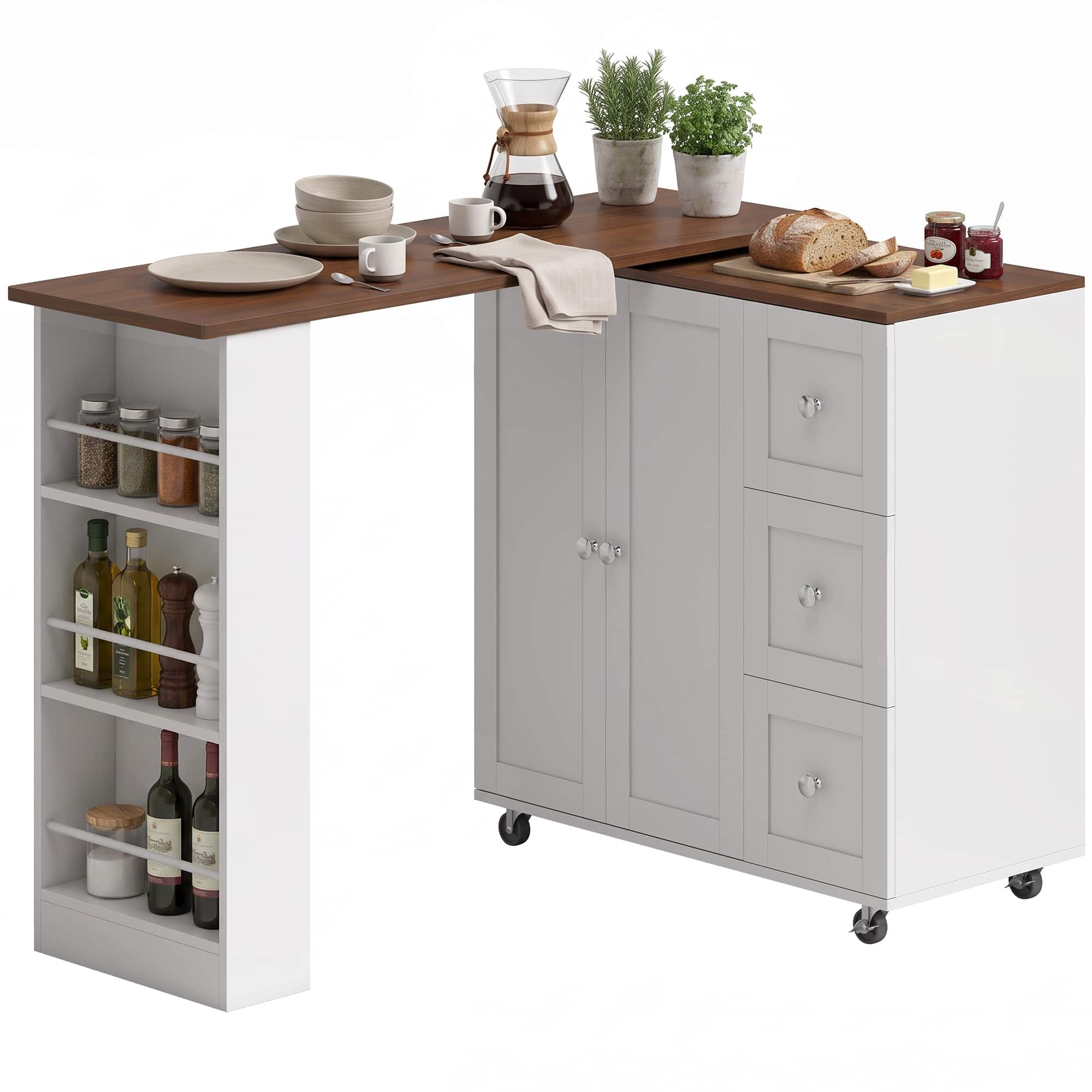 Homcom - Table with Storage Counter Height Table 3 Drawers Side Shelves - Walnut and White