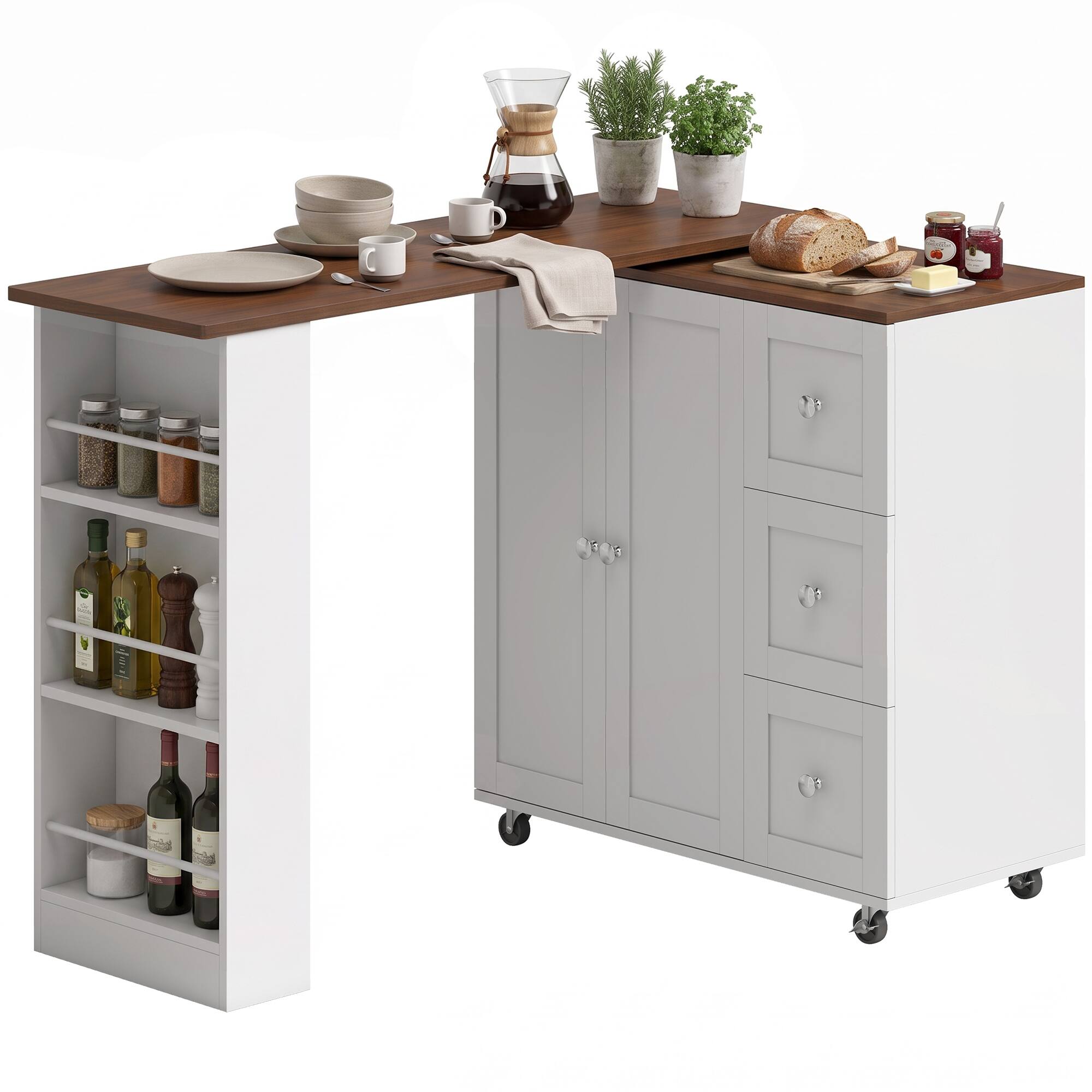 Front. Homcom - Table with Storage Counter Height Table 3 Drawers Side Shelves - Walnut and White.