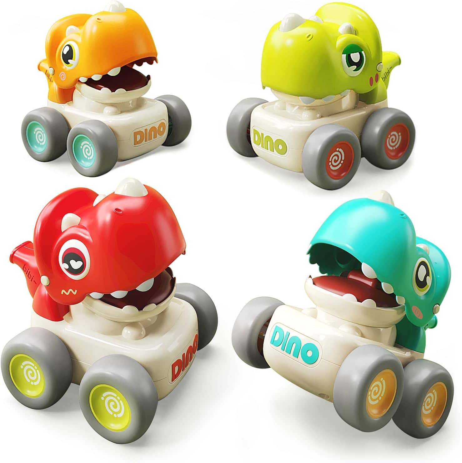 Auledio - 4pcs Dinosaur Car Whistle Toys,Press and Go Racing Cars Vehicles Set for Toddlers 1-3 Christmas Gifts