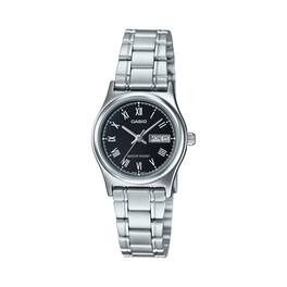 Casio - Women’s Black Dial Analog Watch with Day-Date Steel Bracelet - LTP-V006D-1BUDF - Silver