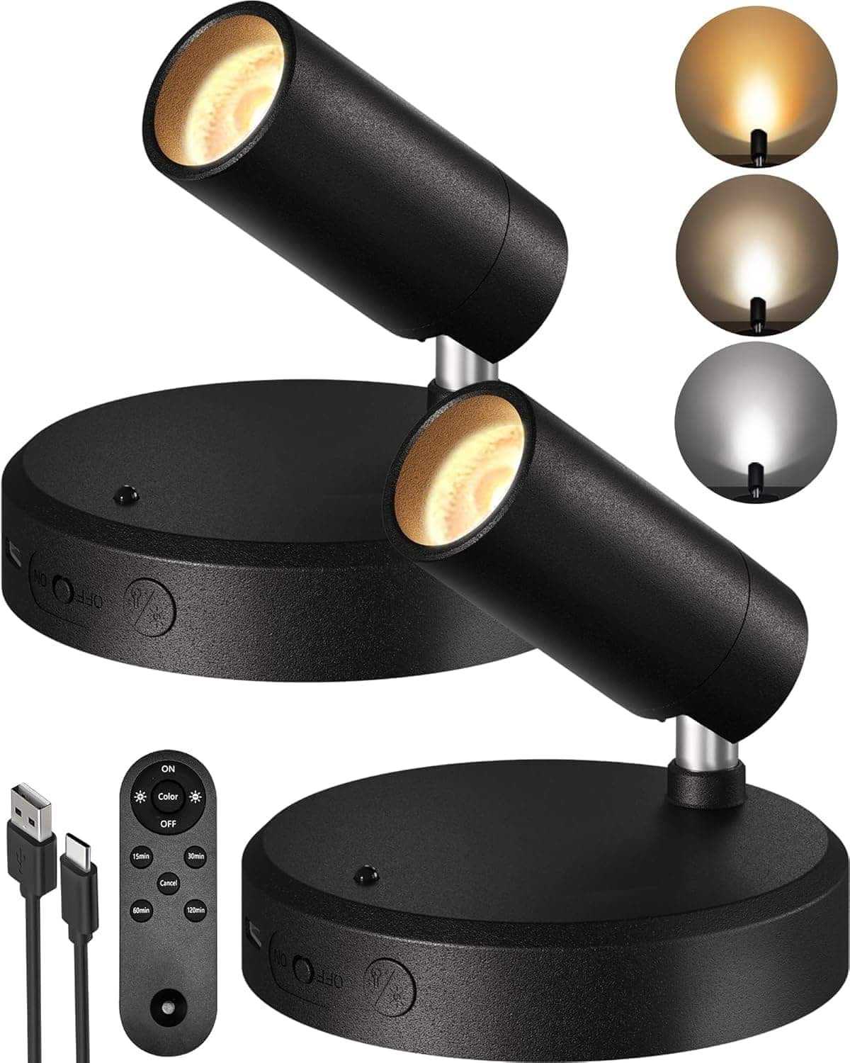 FINEAK - 2 Pack Black Rechargeable LED Spotlights Indoor - Remote, Timer, Dimmable, 3CCT (5500mAh)