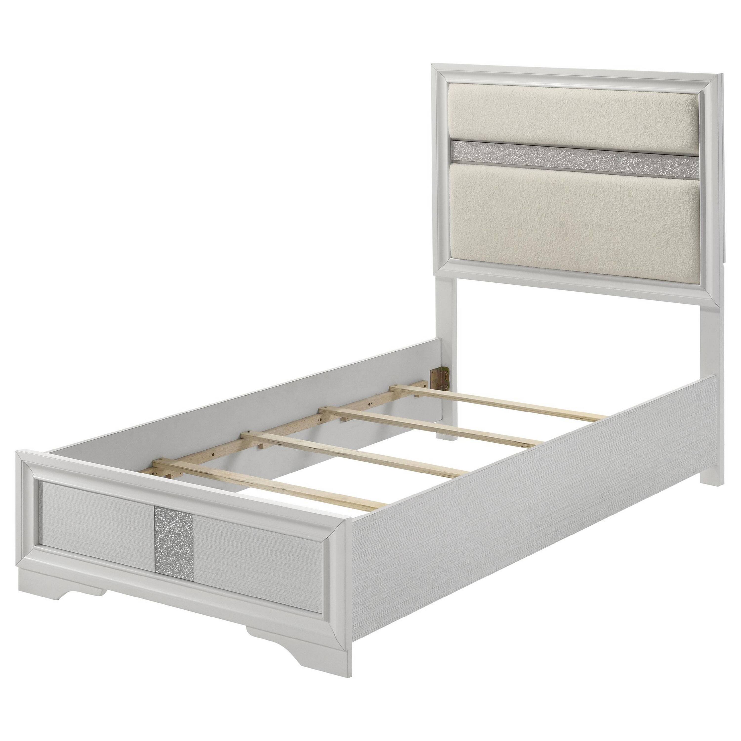 Alt View 3. Manhattan Lane - Vino Twin Size Bed, Panel Headboard, White Upholstery, Glitter Stripes - White.