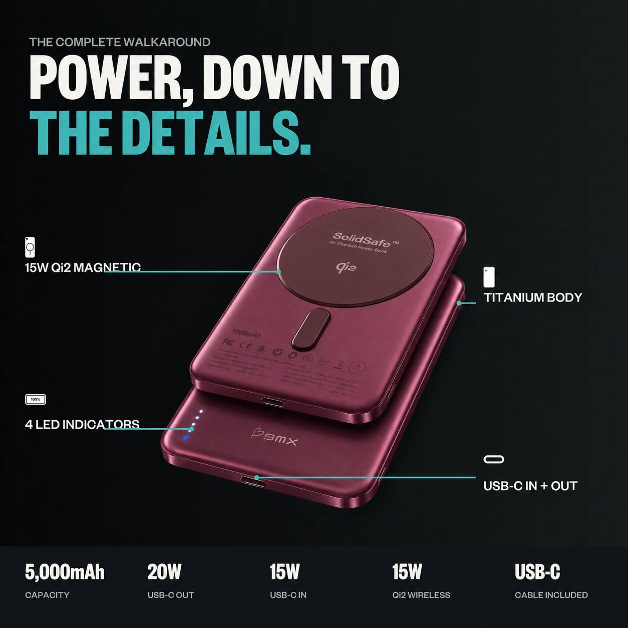 THE COMPLETE WALKAROUND POWER, DOWN TO THE DETAILS.

15W Qi2 MAGNETIC
SolidSafe Titanium Power Bank
TITANIUM BODY
5000mAh FC CE

4 LED INDICATORS
USB-C IN + OUT
5,000mAh CAPACITY
20W USB-C OUT
15W USB-C IN
15W Qi2 WIRELESS
USB-C CABLE INCLUDED