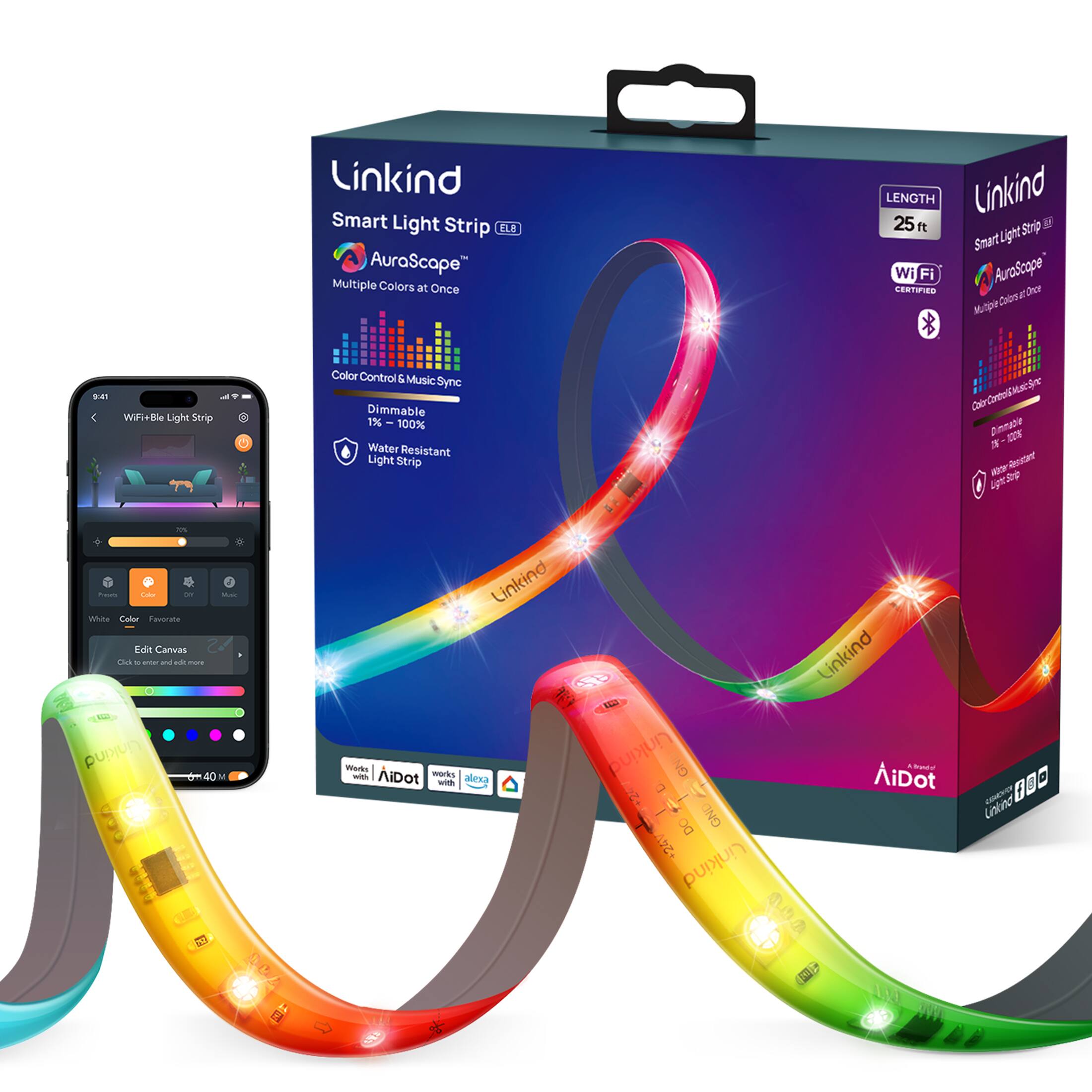 Linkind - EL8 Smart Light Strip, Color Changing, 25ft - Multicolor