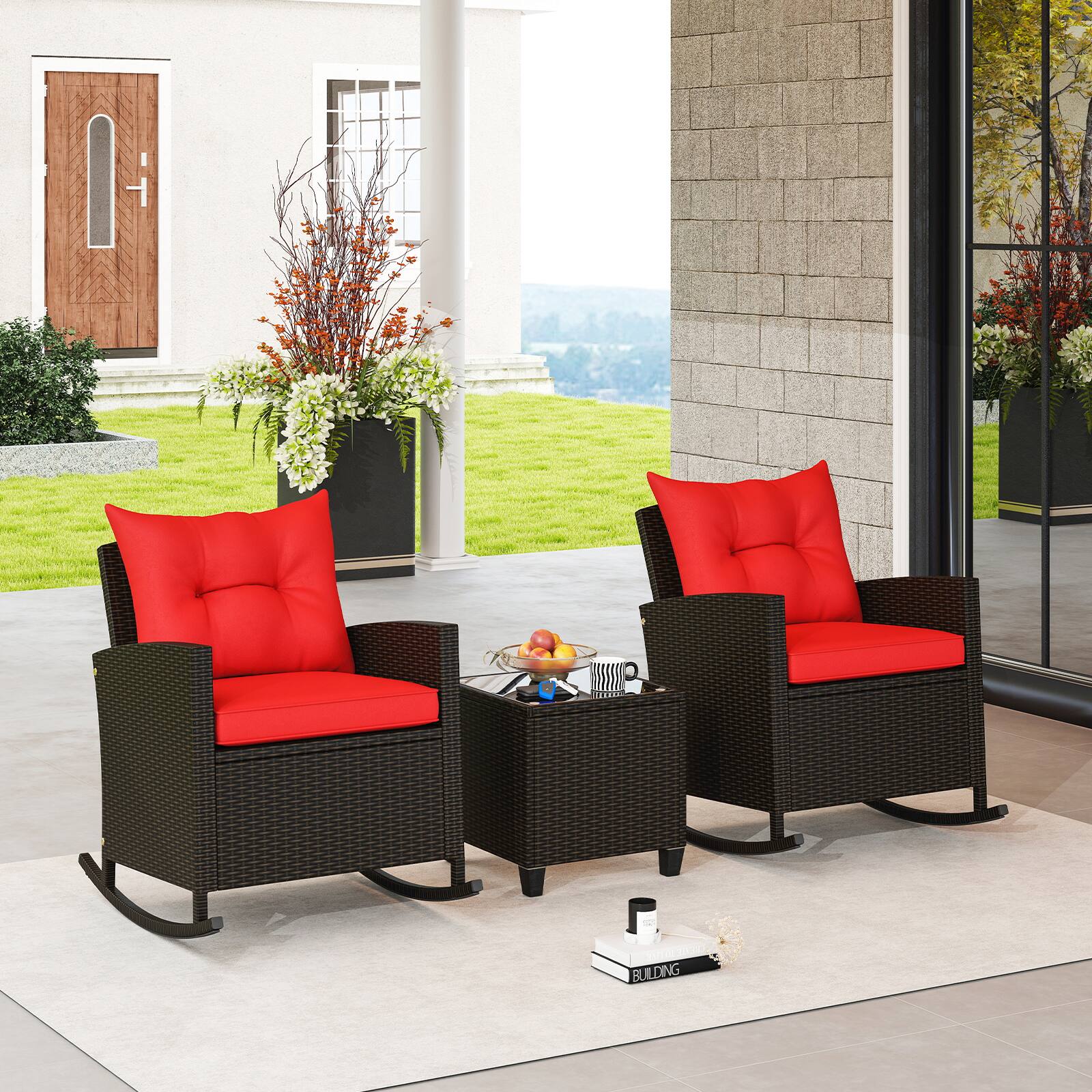 Alt View 1. Gymax - Gymax Set of 3 Wicker Rocking Set w/ Tempered Glass Table Patio Outdoor Red - Red.