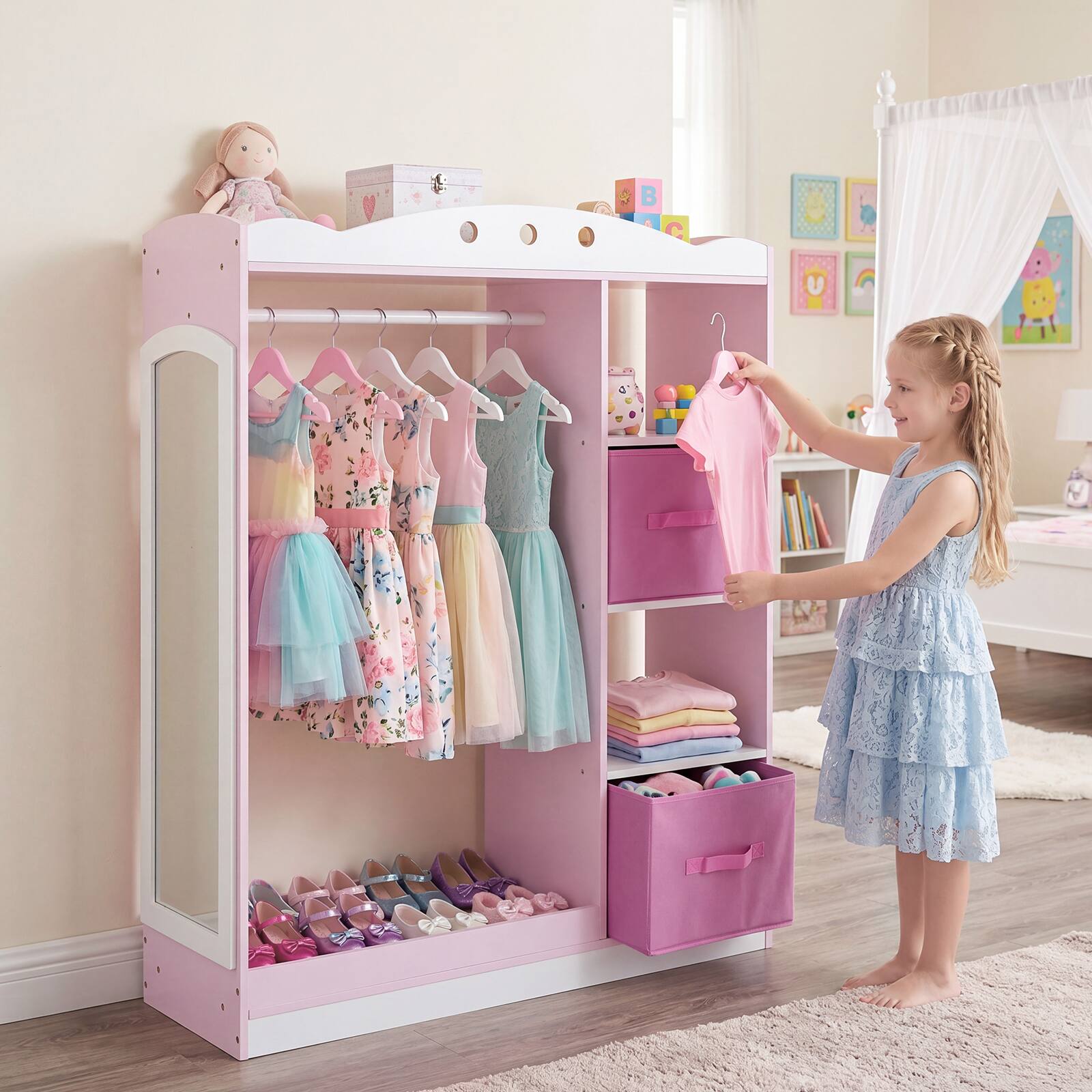 Alt View 3. Costway - Costway Kids Dress Up Storage with Full Length Mirror, Open Shelves, Hanging Rod & Drawers - Pink.