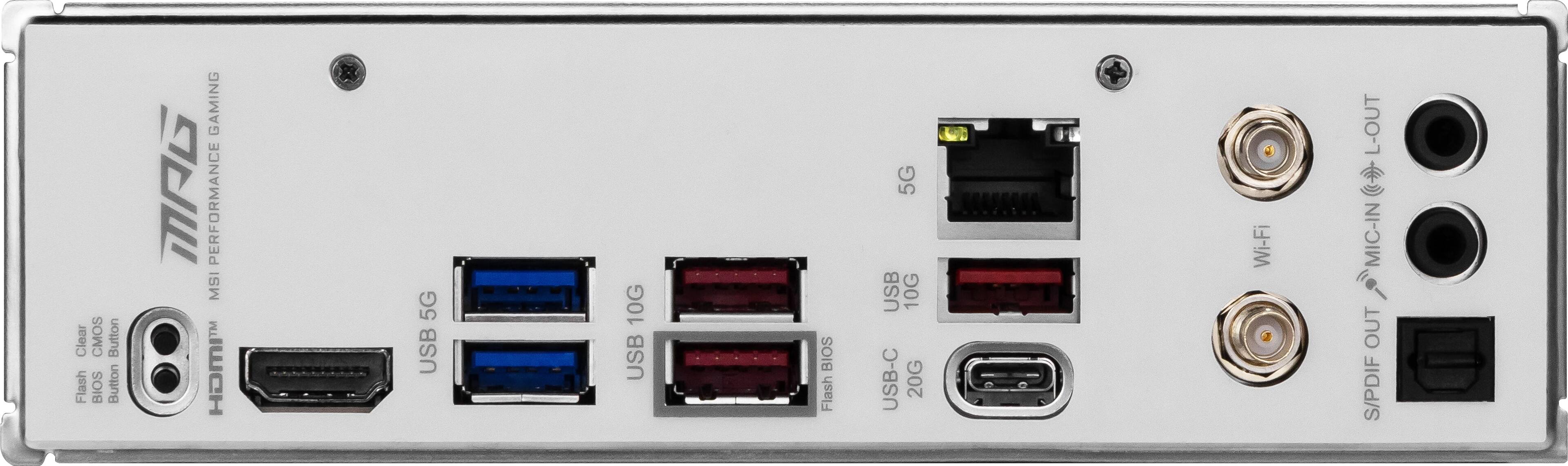 Clear CMOS Button Flash BIOS Button GAMING : PERFORMANCE MSI HOMI 5G USB 10G USB BIOS Flash 5G USB 10G USB-C 20G Wi-Fi L-OUT MIC-IN OUT S/PDIF
