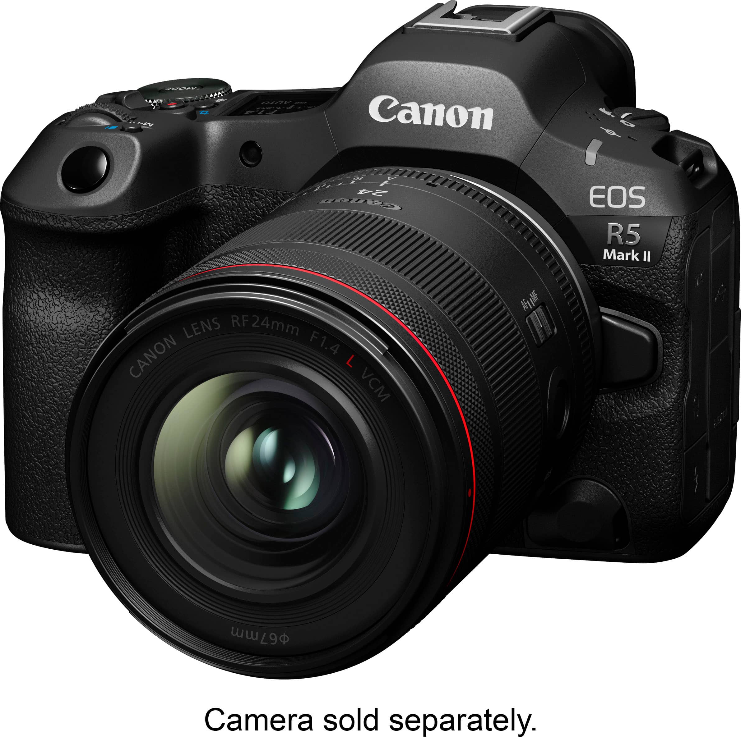 Canon EOS R5 Mark II camera with a Canon RF 24mm F1.4 lens. The camera is black and has a Canon logo on it. The lens is attached to the camera and is designed for Canon EOS R5 Mark II. The camera is sold separately.