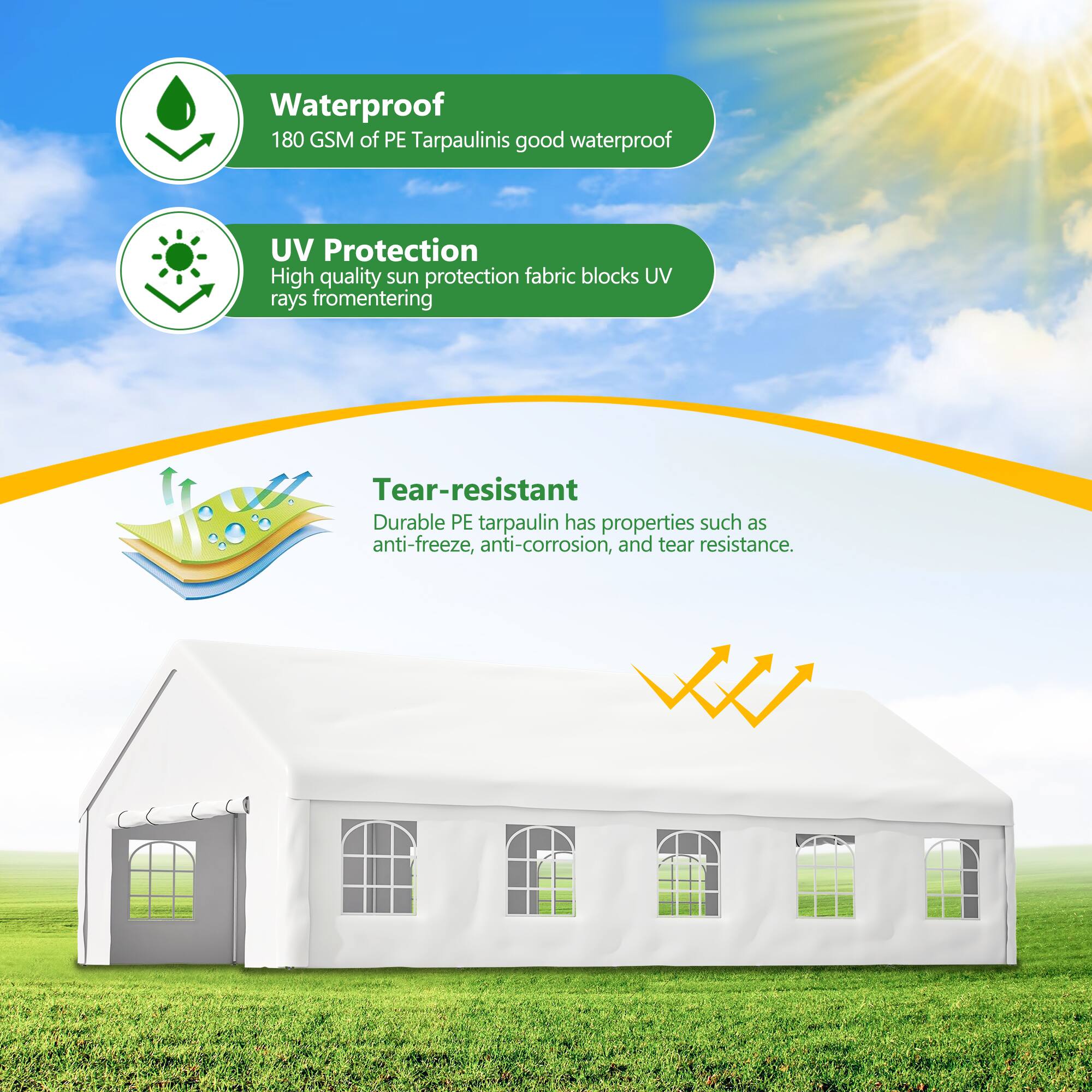 Waterproof  
180 GSM of PE Tarpaulin is good waterproof

UV Protection  
High quality sun protection fabric blocks UV rays from entering

Tear-resistant  
Durable PE tarpaulin has properties such as anti-freeze, anti-corrosion, and tear resistance.