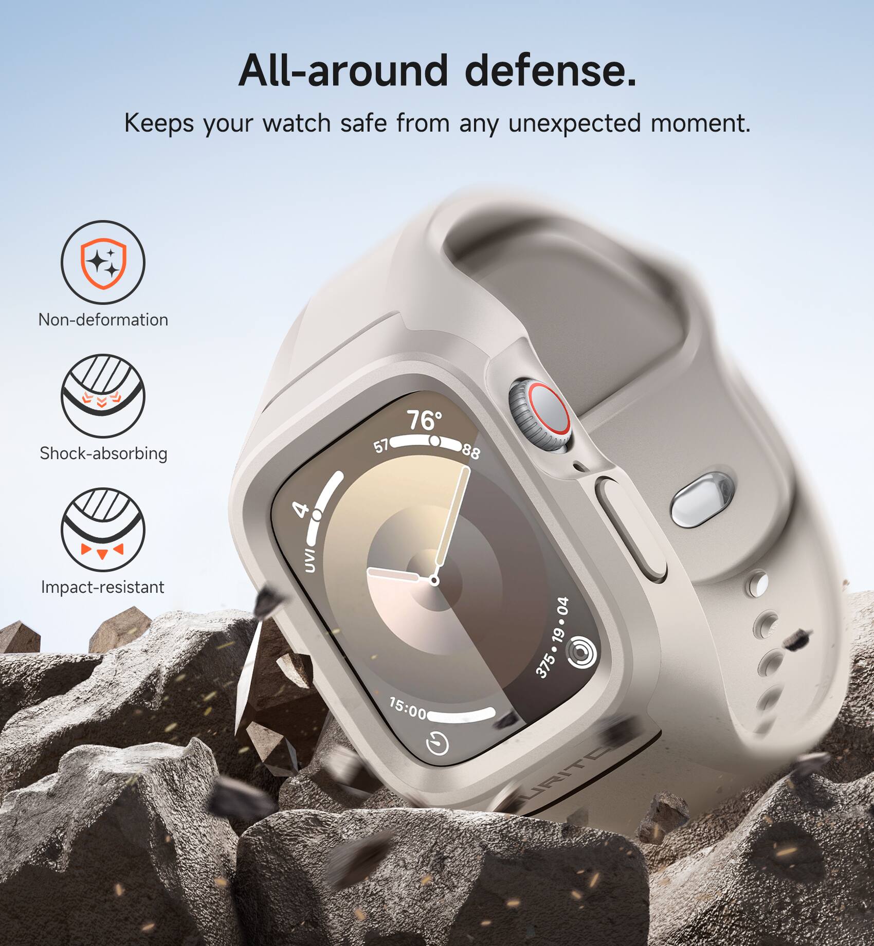 All-around defense. Keeps your watch safe from any unexpected moment. Non-deformation Shock-absorbing Impact-resistant