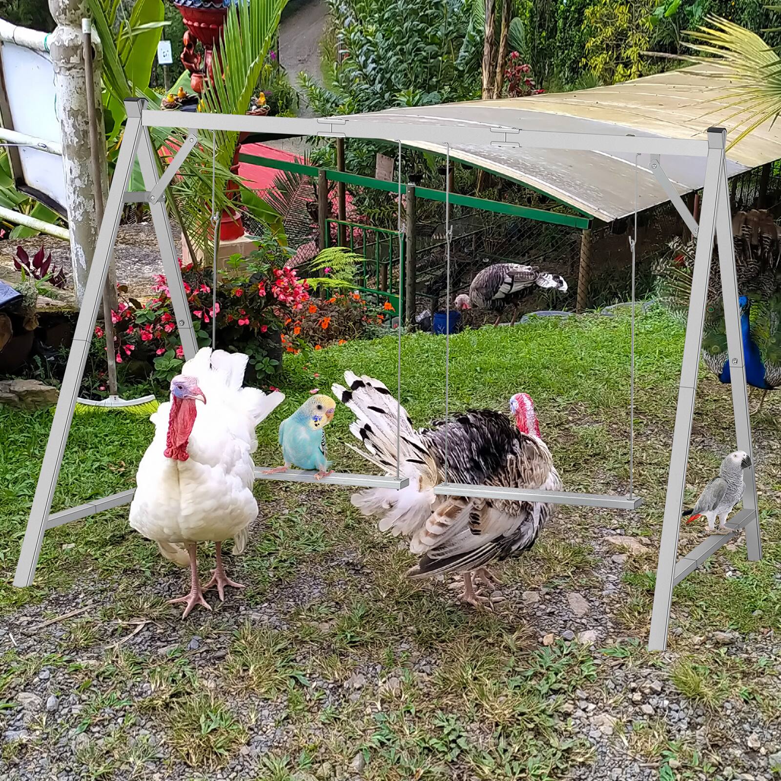 Alt View 3. Oumilen - Grey A-Frame Chicken Swing Stand with Double Wooden Perch Swings - Gray.