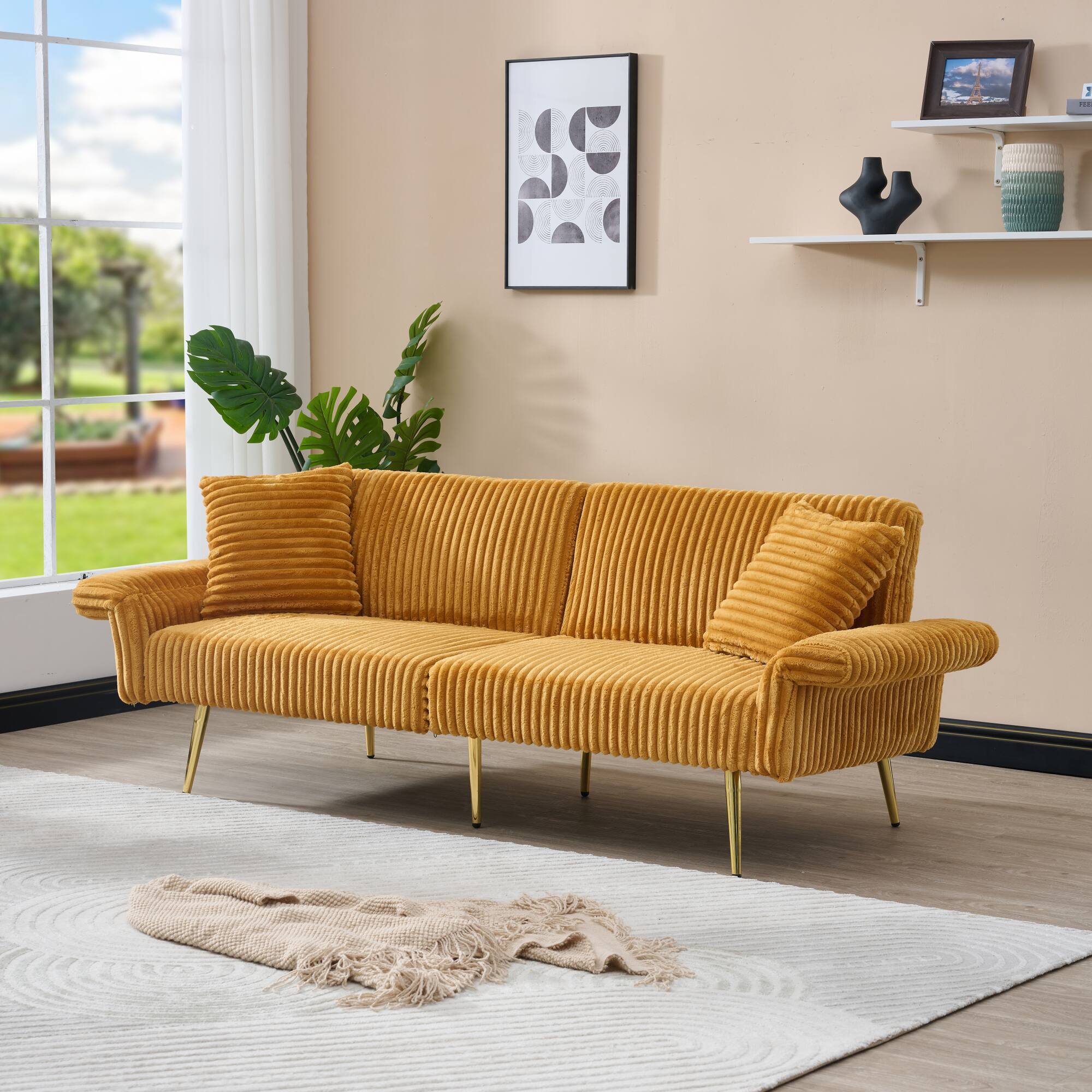 Angle. GOODSILO - Foldable Corduroy Sofa Bed with Adjustable Armrests for Living Rooms and Compact Spaces - Yellow.