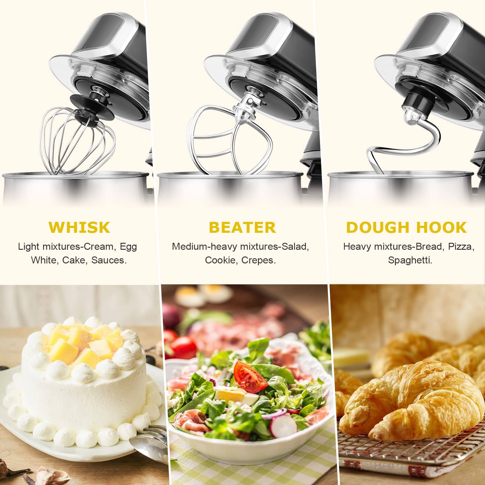 WHISK  
Light mixtures-Cream, Egg White, Cake, Sauces.

BEATER  
Medium-heavy mixtures-Salad, Heavy mixtures-Bread, Pizza, Cookie, Crepes.

DOUGH HOOK  
Heavy mixtures-Bread, Pizza, Spaghetti.