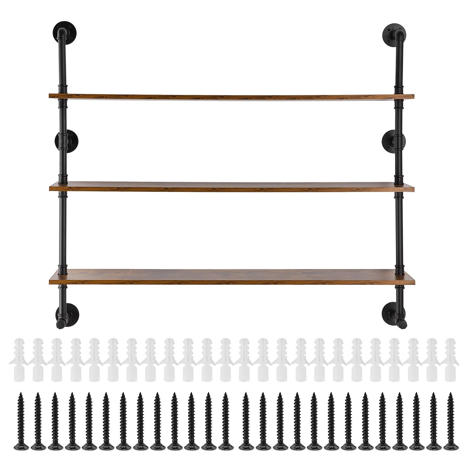 Alt View 5. VEVOR - Industrial Pipe Shelf, 3 Tier 48x9.84in, Wall-Mount Floating Rustic Wood Shelves Bracket Display Bookshelf - black + vintage color.