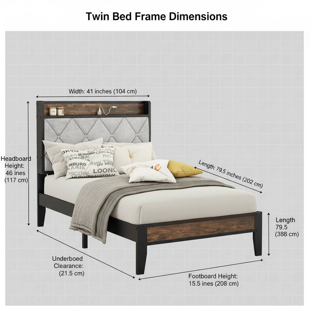 Twin Bed Frame Dimensions

- Width: 41 inches (104 cm)
- Headboard Height: 46 inches (117 cm)
- Length: 79.5 inches (202 cm)
- Underbed Clearance: 21.5 cm
- Footboard Height: 15.5 inches (208 cm)
