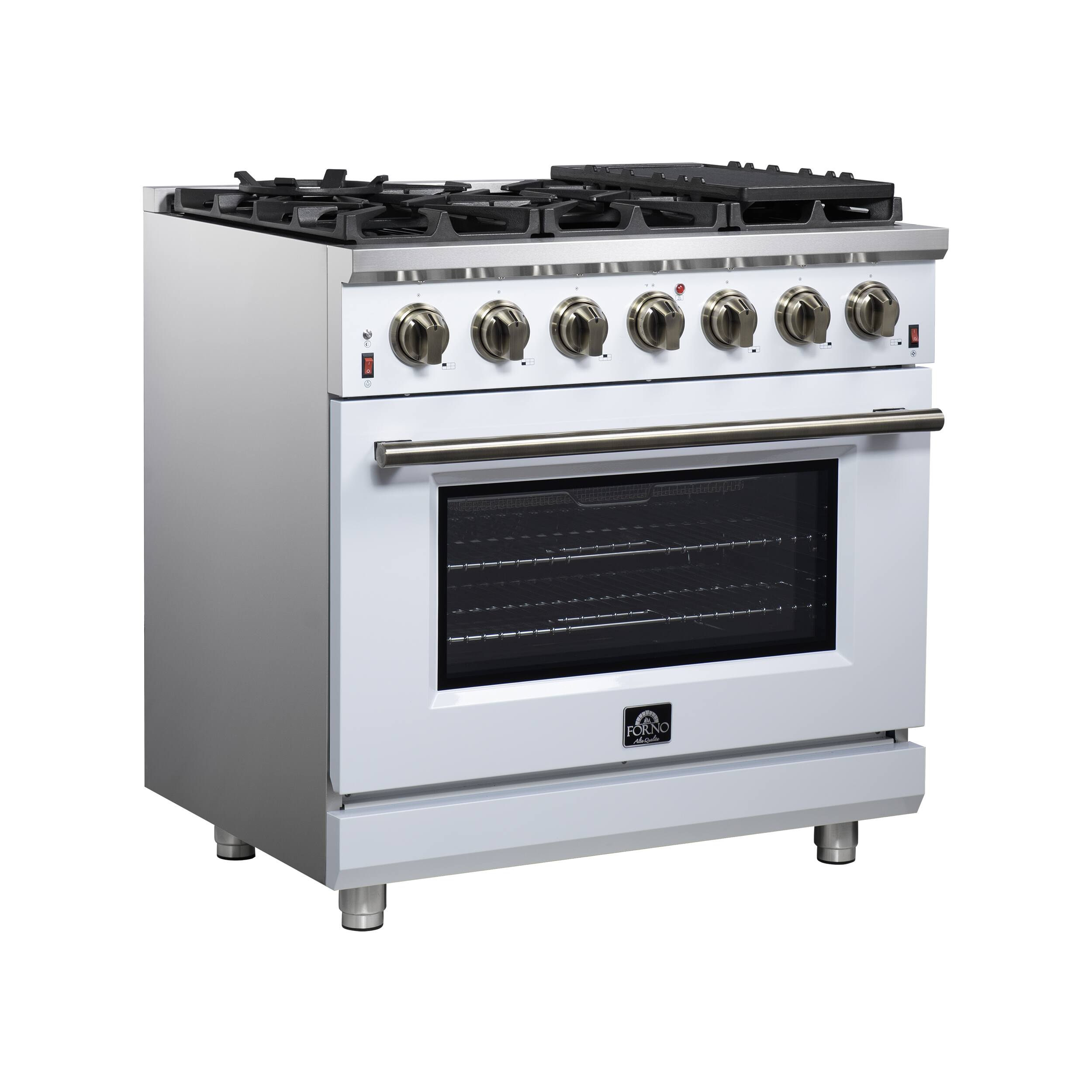 Left. Forno Appliances - Massimo 5.36 Cu. Ft. Freestanding Gas Convection Range with Air Fryer Kit, Wok Support & Griddle - White.