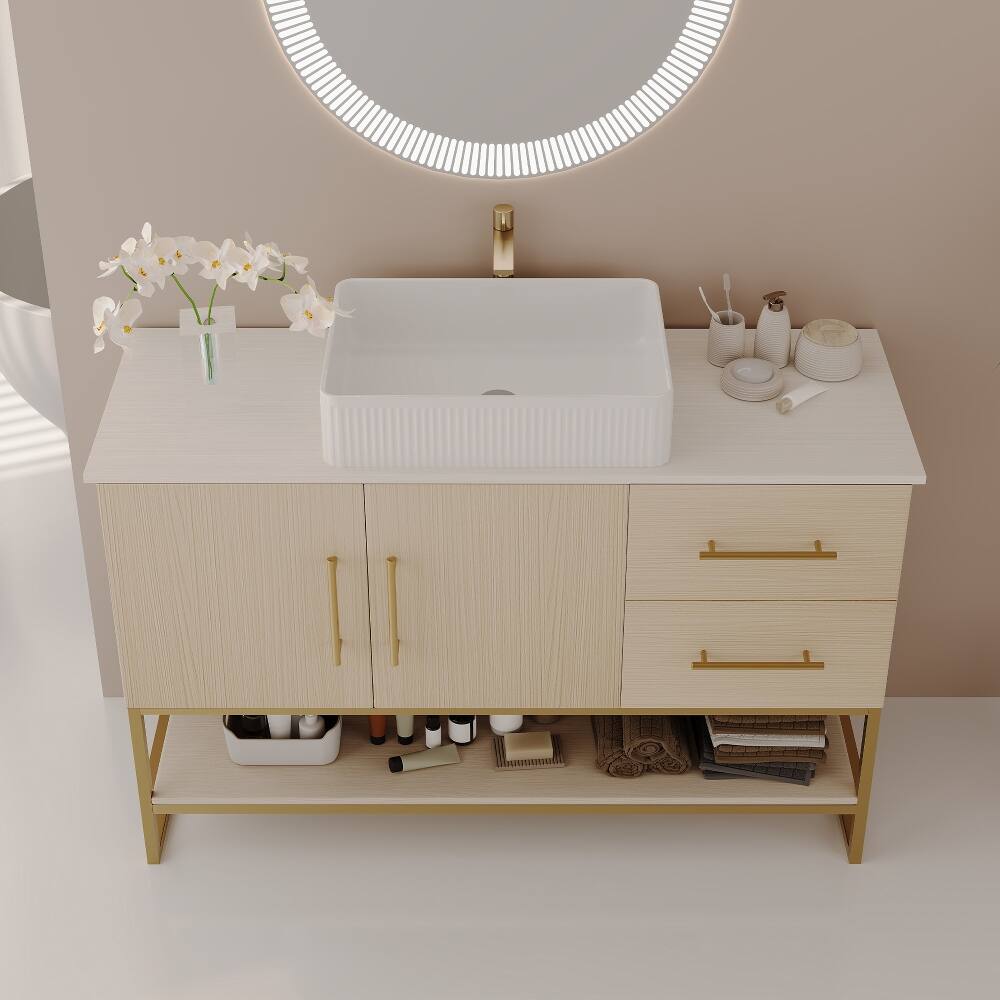 Alt View 1. Loheer - Loheer 36 inch modern bathroom vanity with Ceramic Vessel Sink, American White Oak - American White Oak, Gold, White.