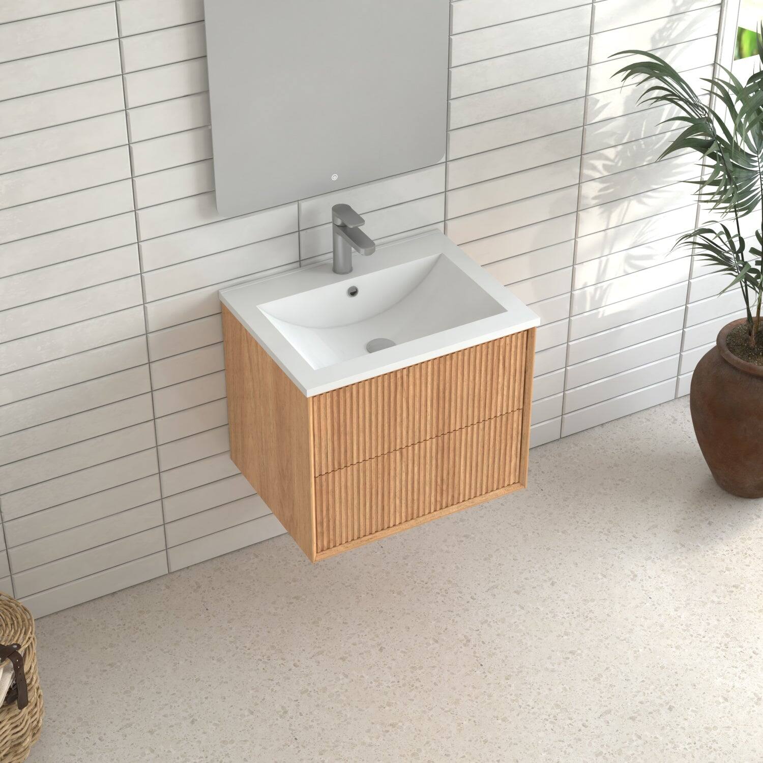 Alt View 5. Boyel Living - 24 in Floating Bathroom Vanity Set Wall-Mounted Solid Wood Cabinet with 2 Push-Open Drawers White Resin Integrated Basin - Walnut.
