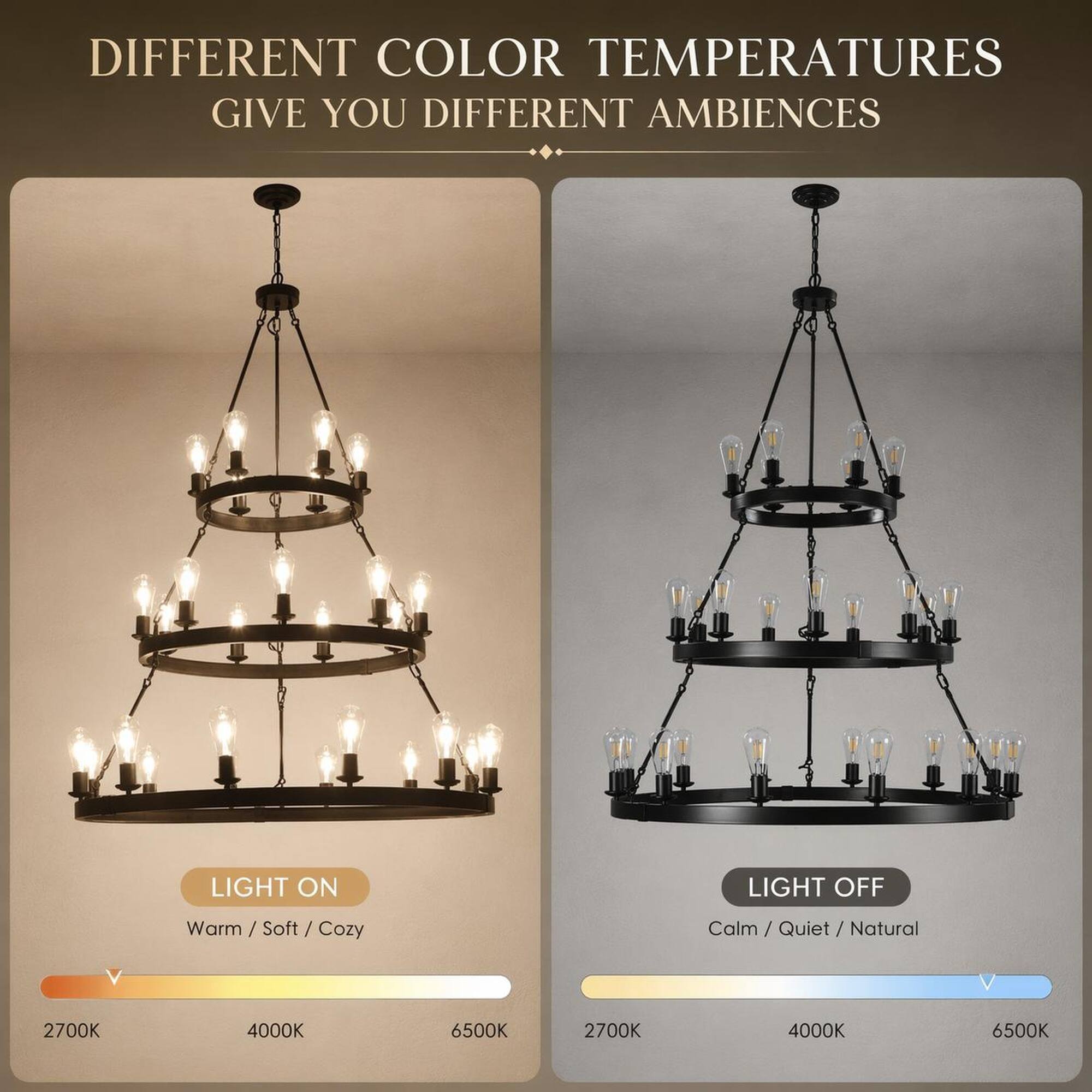 DIFFERENT COLOR TEMPERATURES GIVE YOU DIFFERENT AMBIENCES

LIGHT ON
Warm / Soft / Cozy

LIGHT OFF
Calm / Quiet / Natural

2700K
4000K
6500K