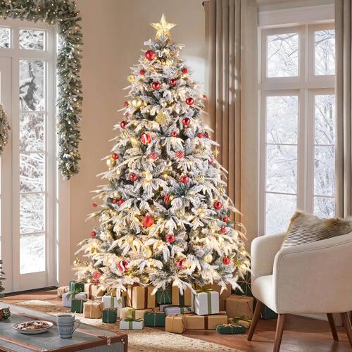 Alt View 7. Winado - 7FT Pre-Lit Artificial Christmas Tree Hinged Snow Flocked with Lights, Single-Sided PE for Indoor Holiday Decorations - Green Flocking.
