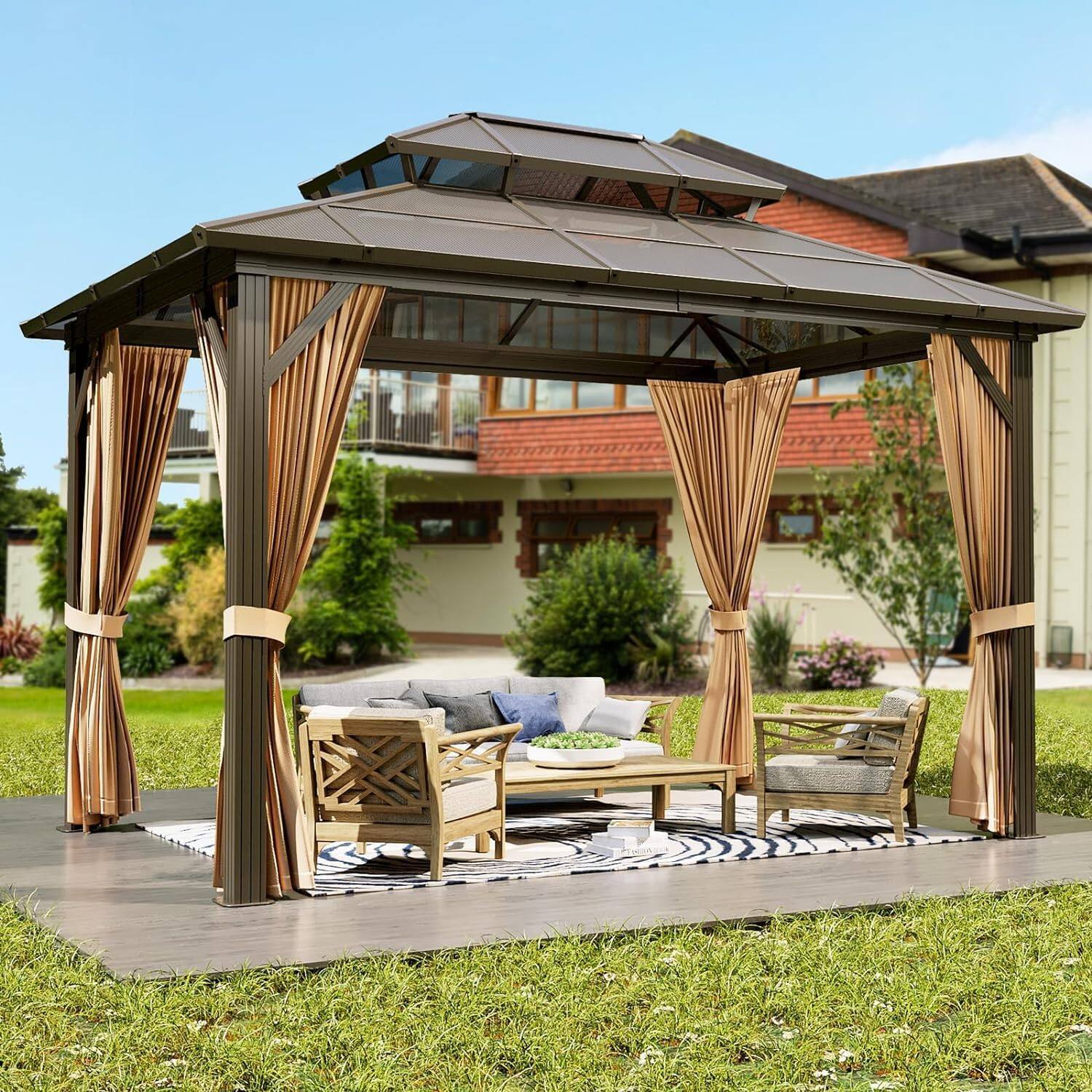Front. Acekool - 10'x13' Hardtop Gazebo, Double Polycarbonate Roof, Aluminum Frame, Curtains & Netting, Outdoor Pavilion, 10x13ft - Gray.